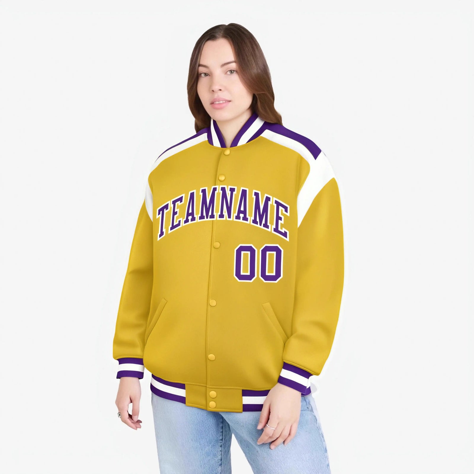 Custom Yellow Purple-White Bomber Full-Snap Varsity Letterman Shoulder Stripe Jacket