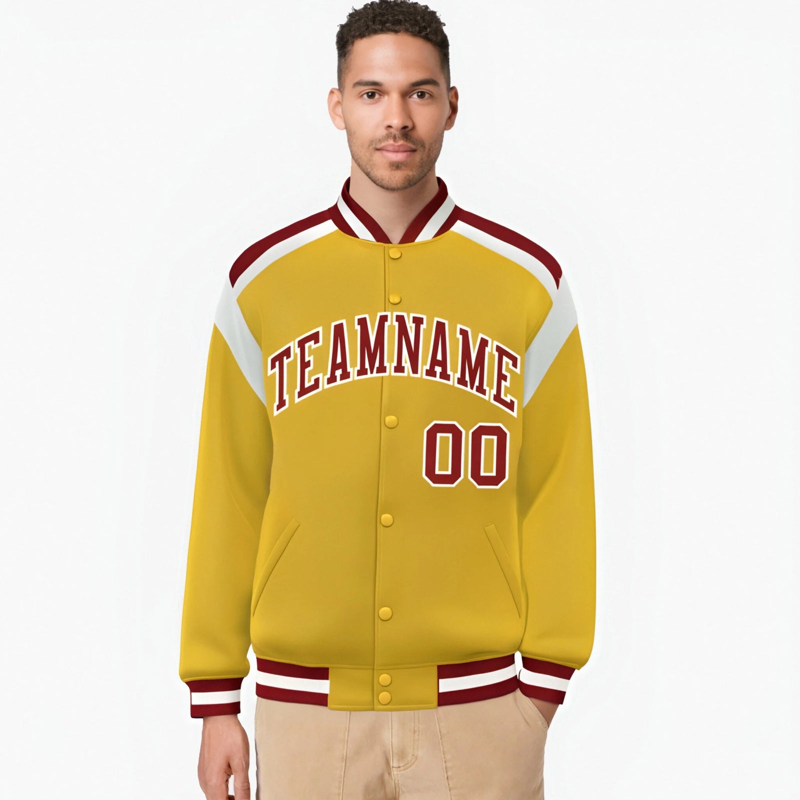 Custom Yellow Red-White Bomber Full-Snap Varsity Letterman Shoulder Stripe Jacket