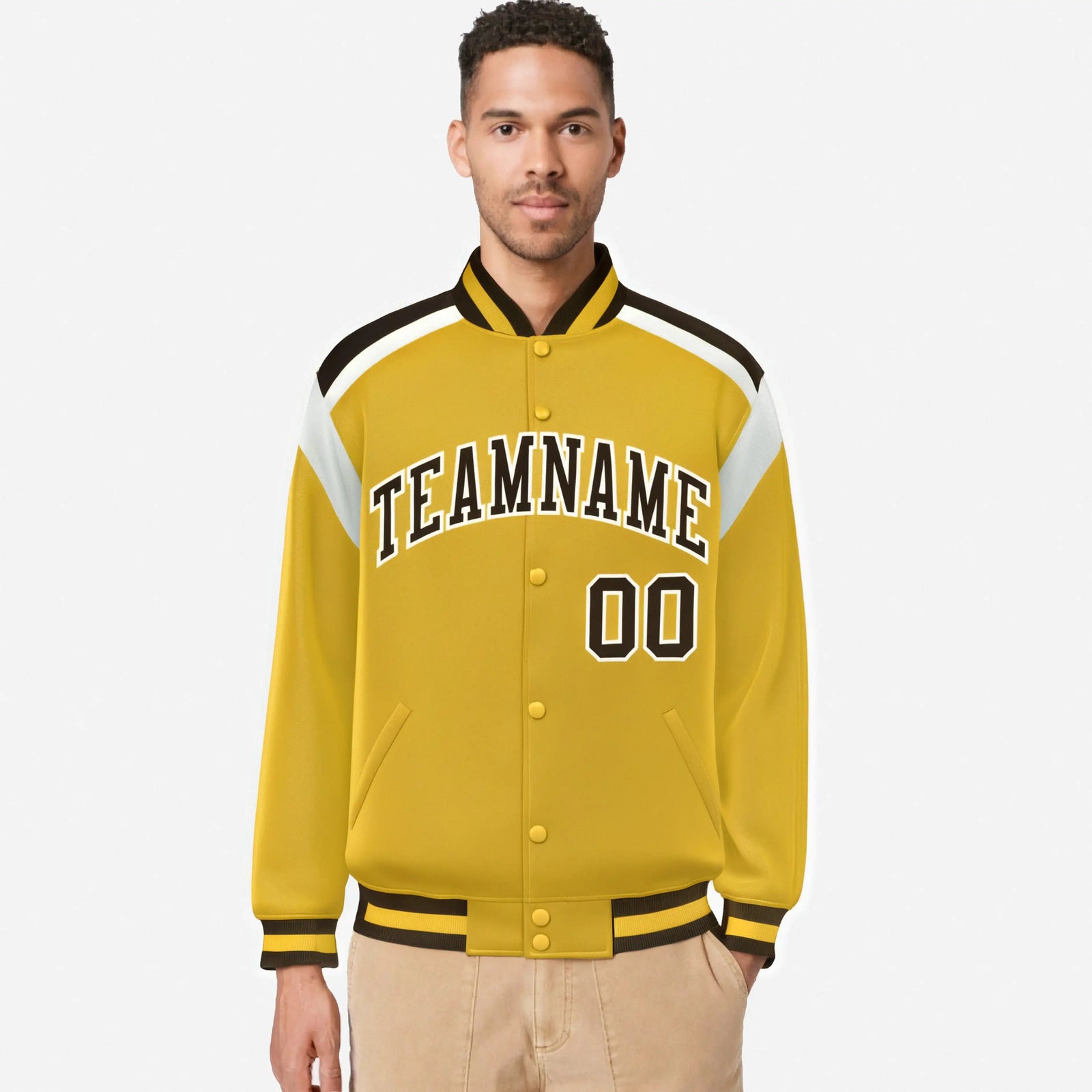 Custom Yellow Brown-White Bomber Full-Snap Varsity Letterman Shoulder Stripe Jacket