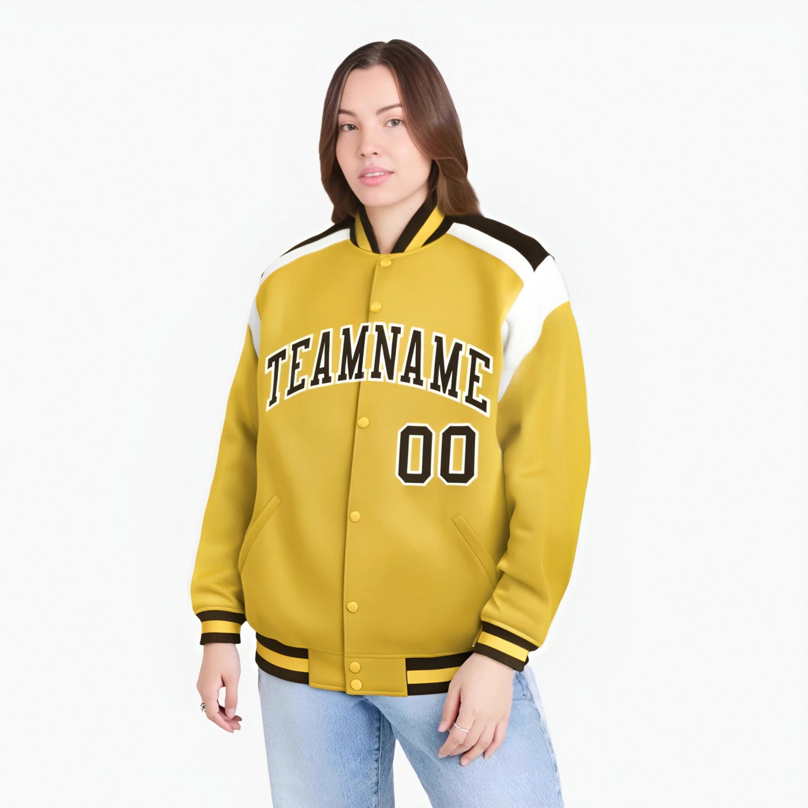 Custom Yellow Brown-White Bomber Full-Snap Varsity Letterman Shoulder Stripe Jacket