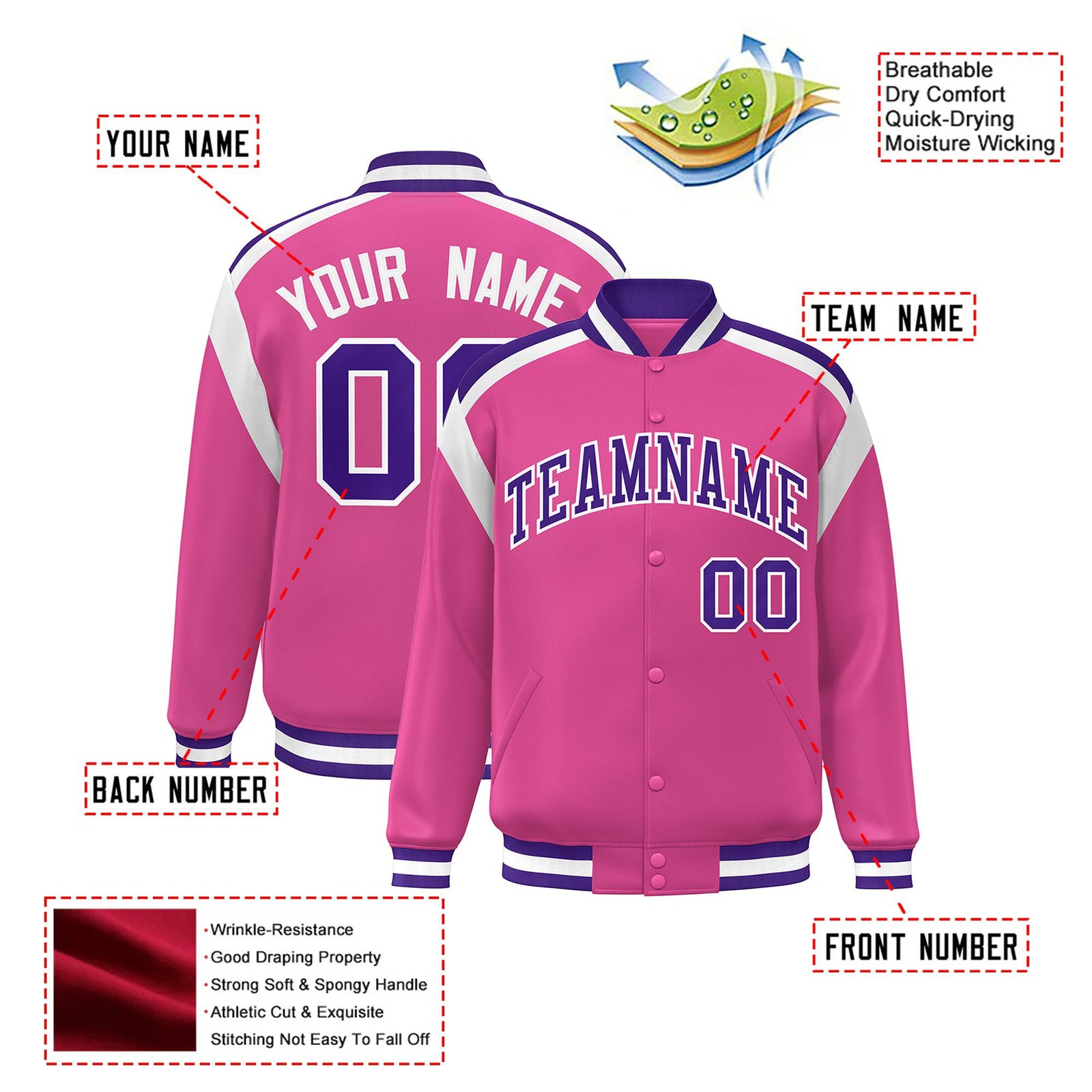 Custom Pink Purple-White Bomber Full-Snap Varsity Letterman Shoulder Stripe Jacket