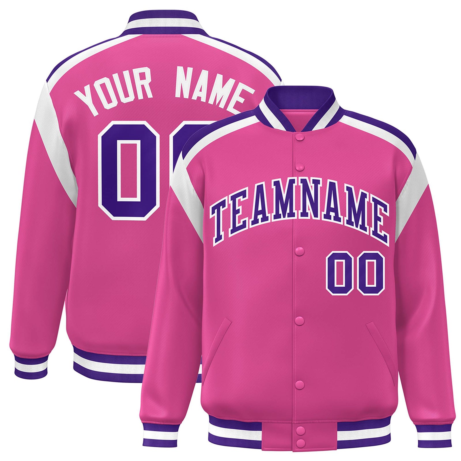 Custom Pink Purple-White Bomber Full-Snap Varsity Letterman Shoulder Stripe Jacket