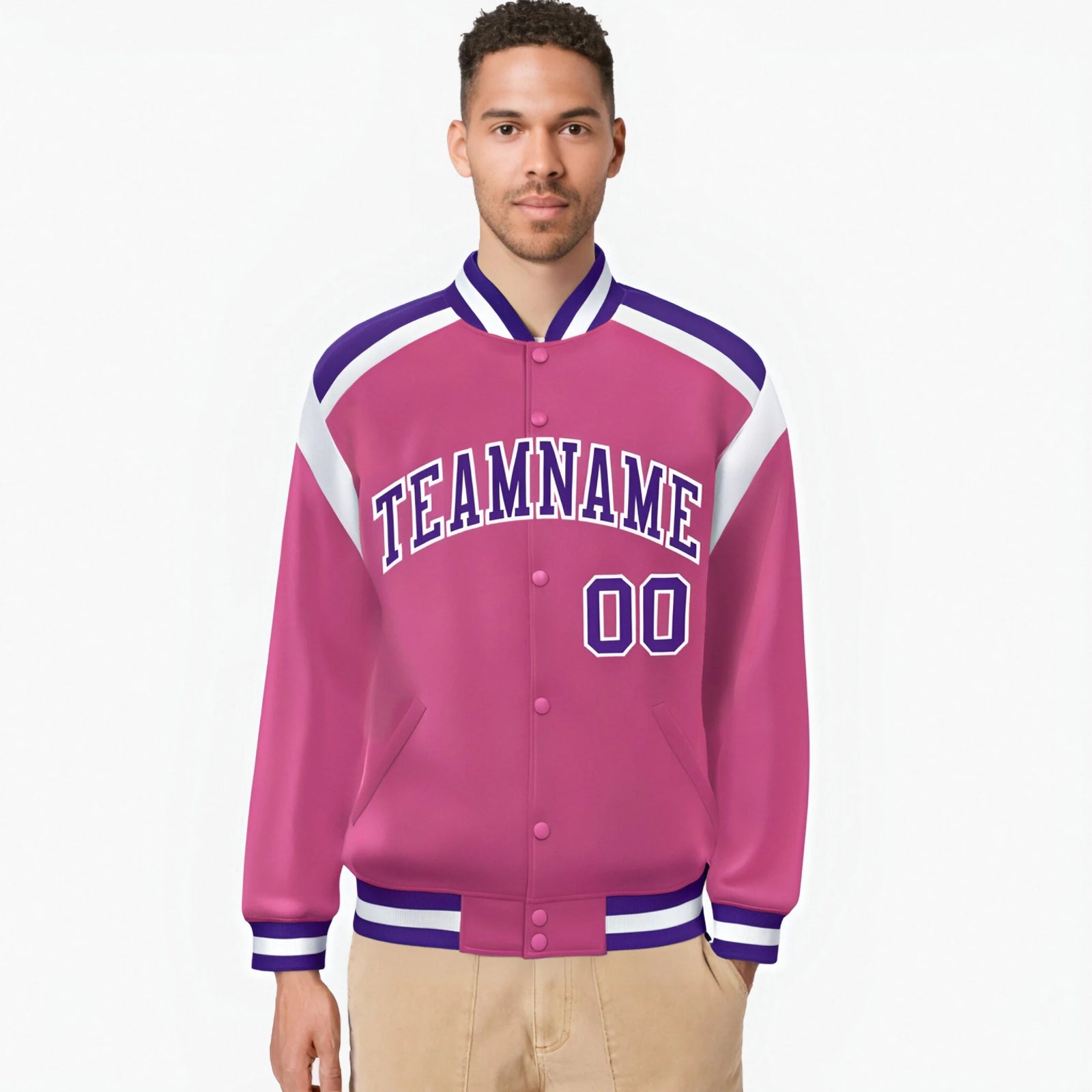 Custom Pink Purple-White Bomber Full-Snap Varsity Letterman Shoulder Stripe Jacket