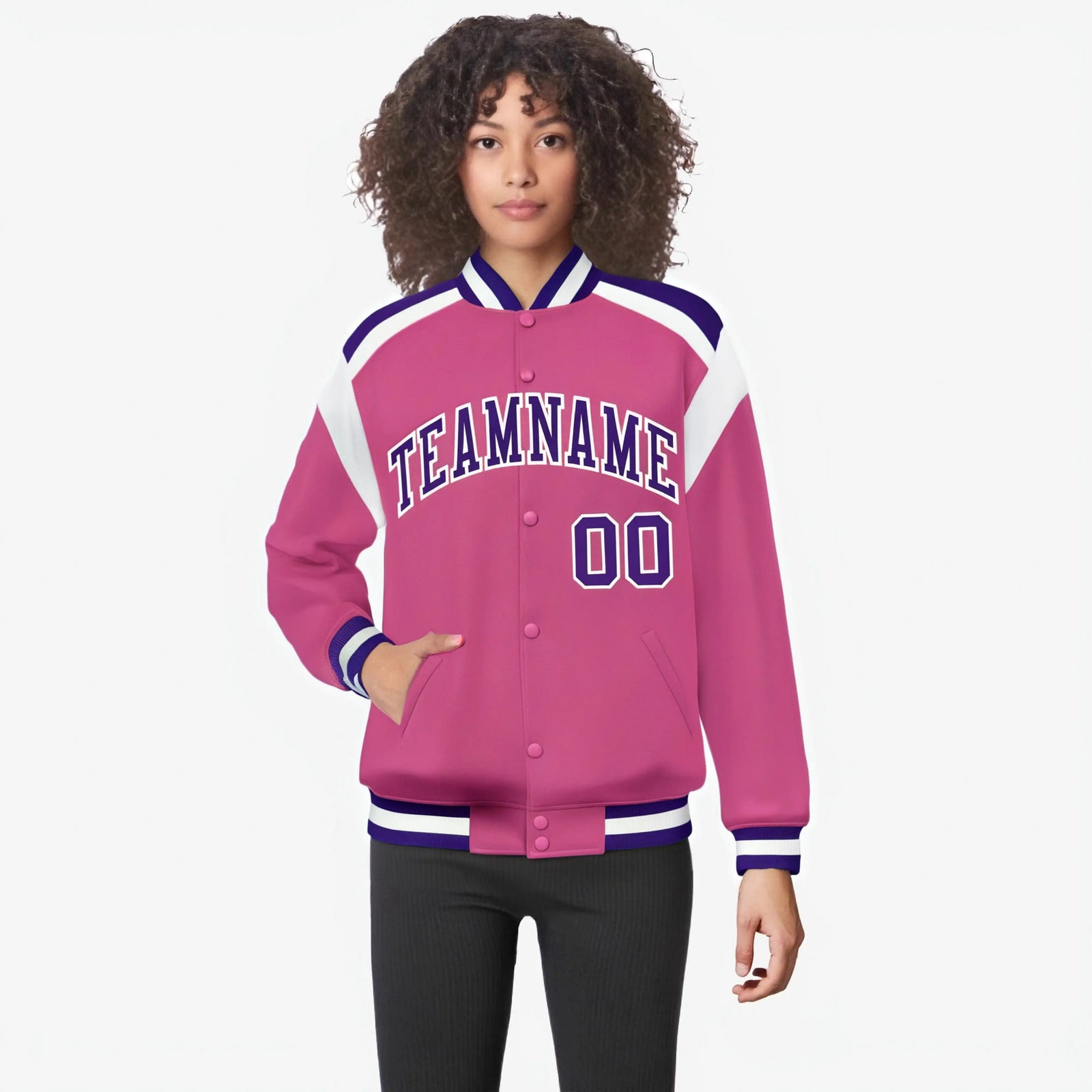 Custom Pink Purple-White Bomber Full-Snap Varsity Letterman Shoulder Stripe Jacket