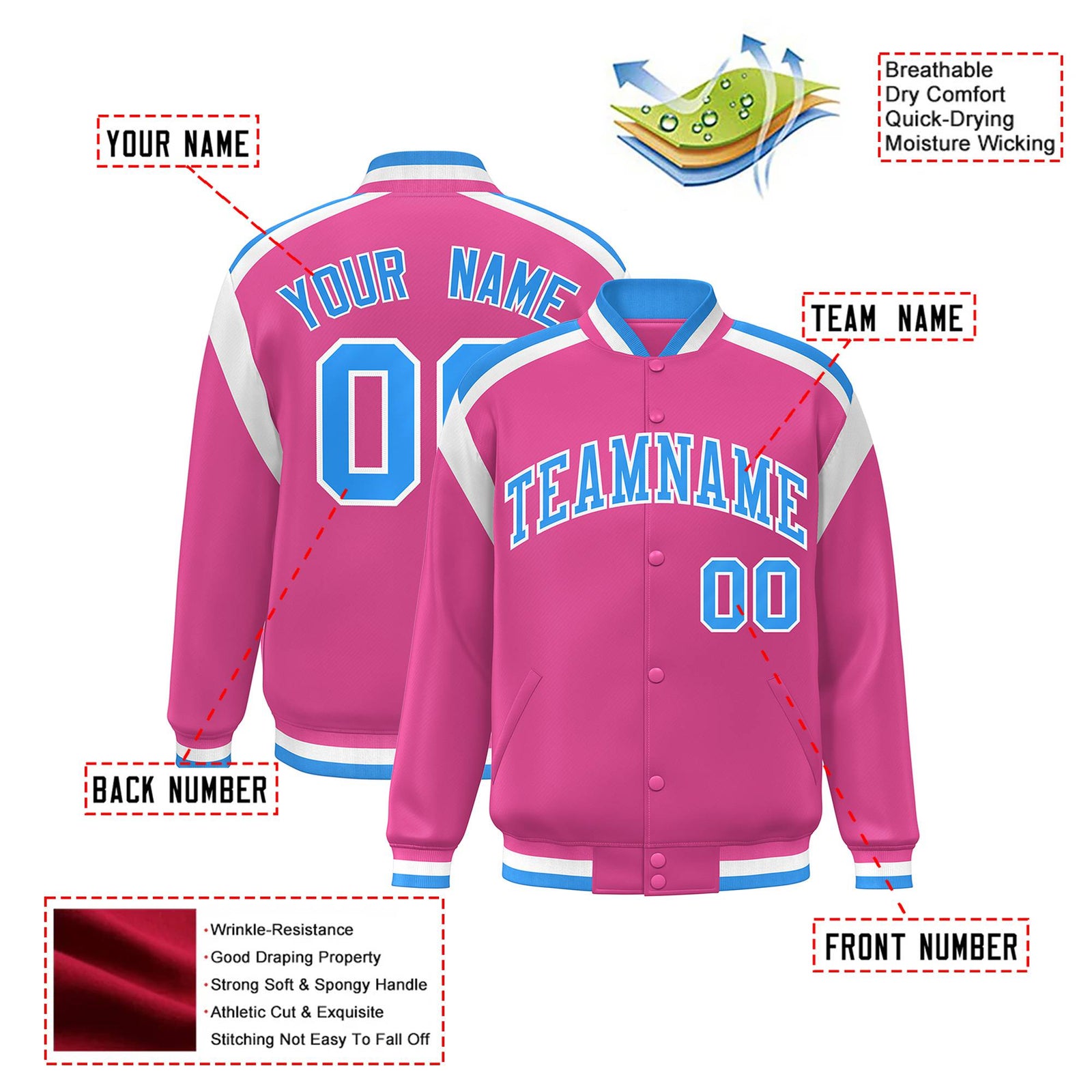 Custom Pink Light-Blue White Bomber Full-Snap Varsity Letterman Shoulder Stripe Jacket