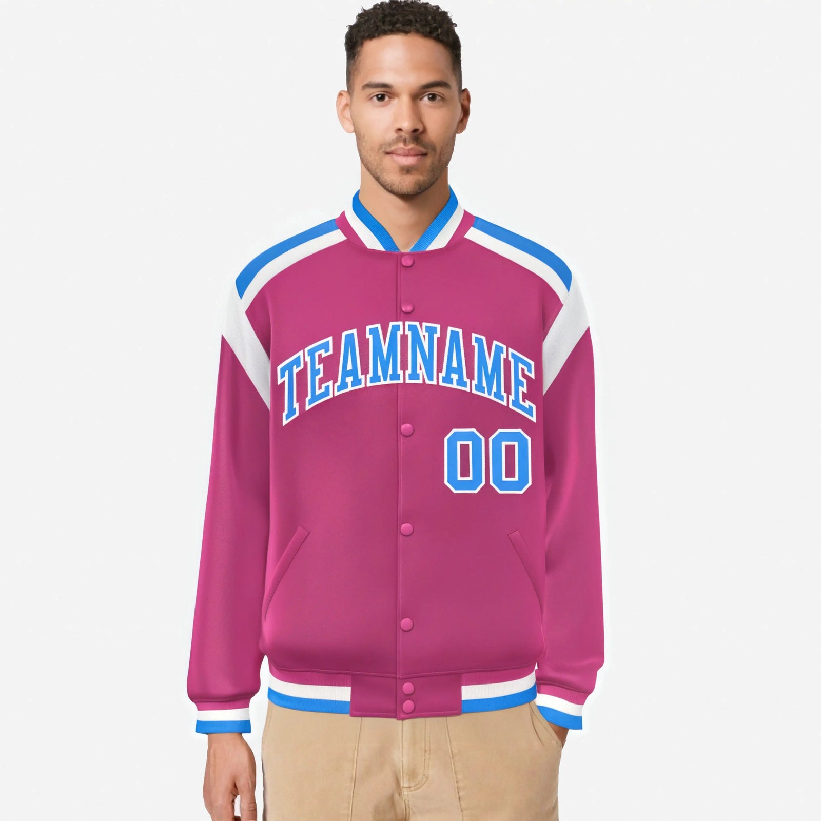 Custom Pink Light-Blue White Bomber Full-Snap Varsity Letterman Shoulder Stripe Jacket