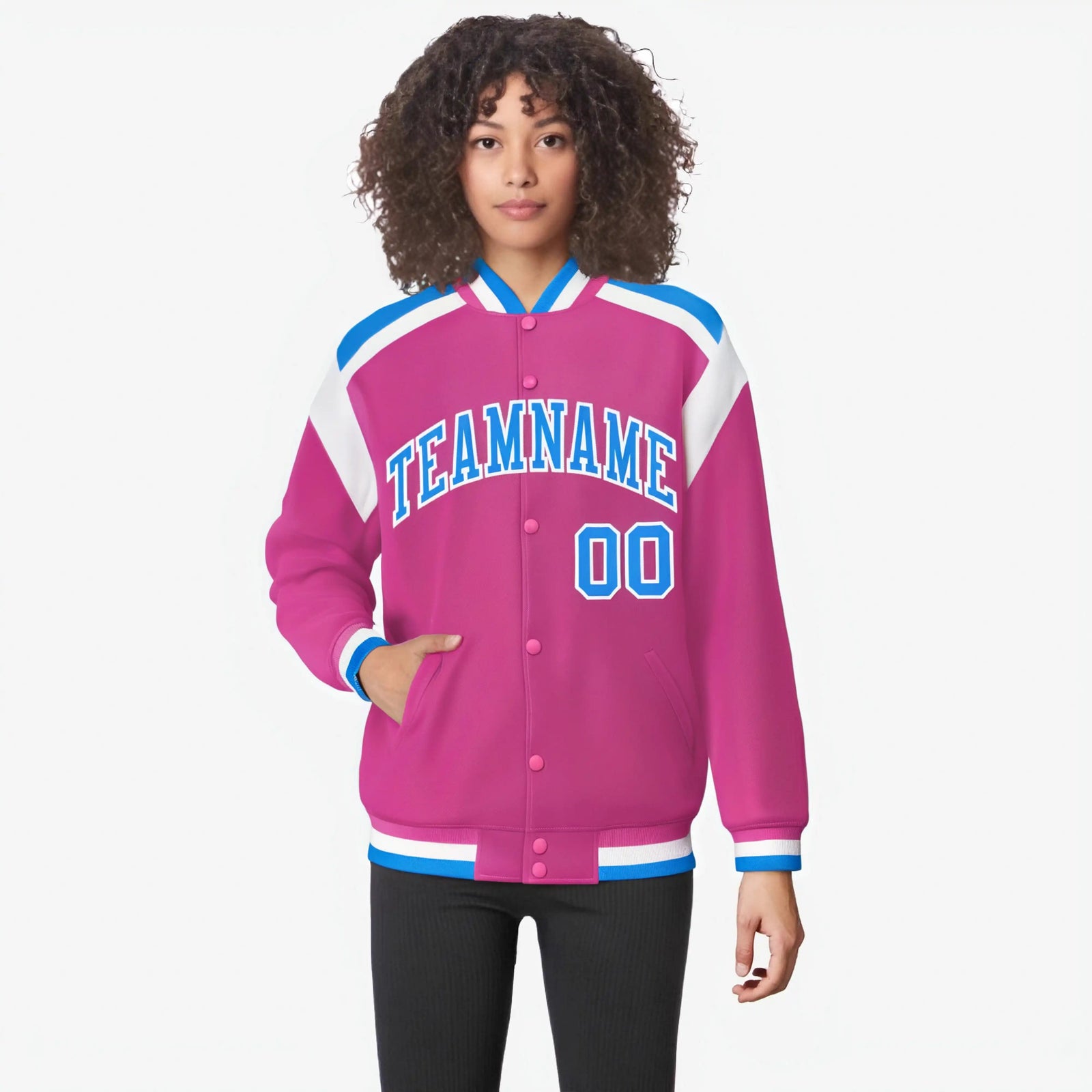 Custom Pink Light-Blue White Bomber Full-Snap Varsity Letterman Shoulder Stripe Jacket