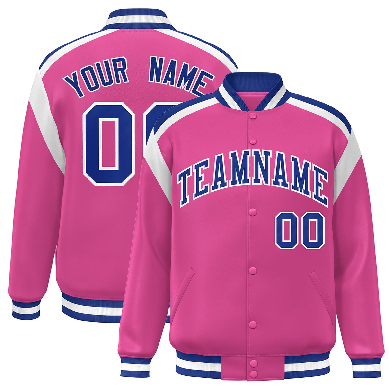 Custom Pink Blue-White Bomber Full-Snap Varsity Letterman Shoulder Stripe Jacket