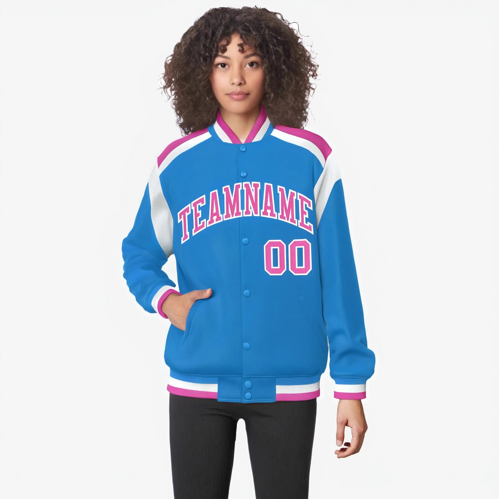 Custom Light Blue Pink-White Bomber Full-Snap Varsity Letterman Shoulder Stripe Jacket