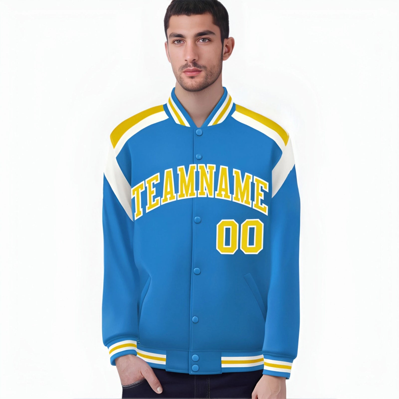 Custom Light Blue Yellow-White Bomber Full-Snap Varsity Letterman Shoulder Stripe Jacket