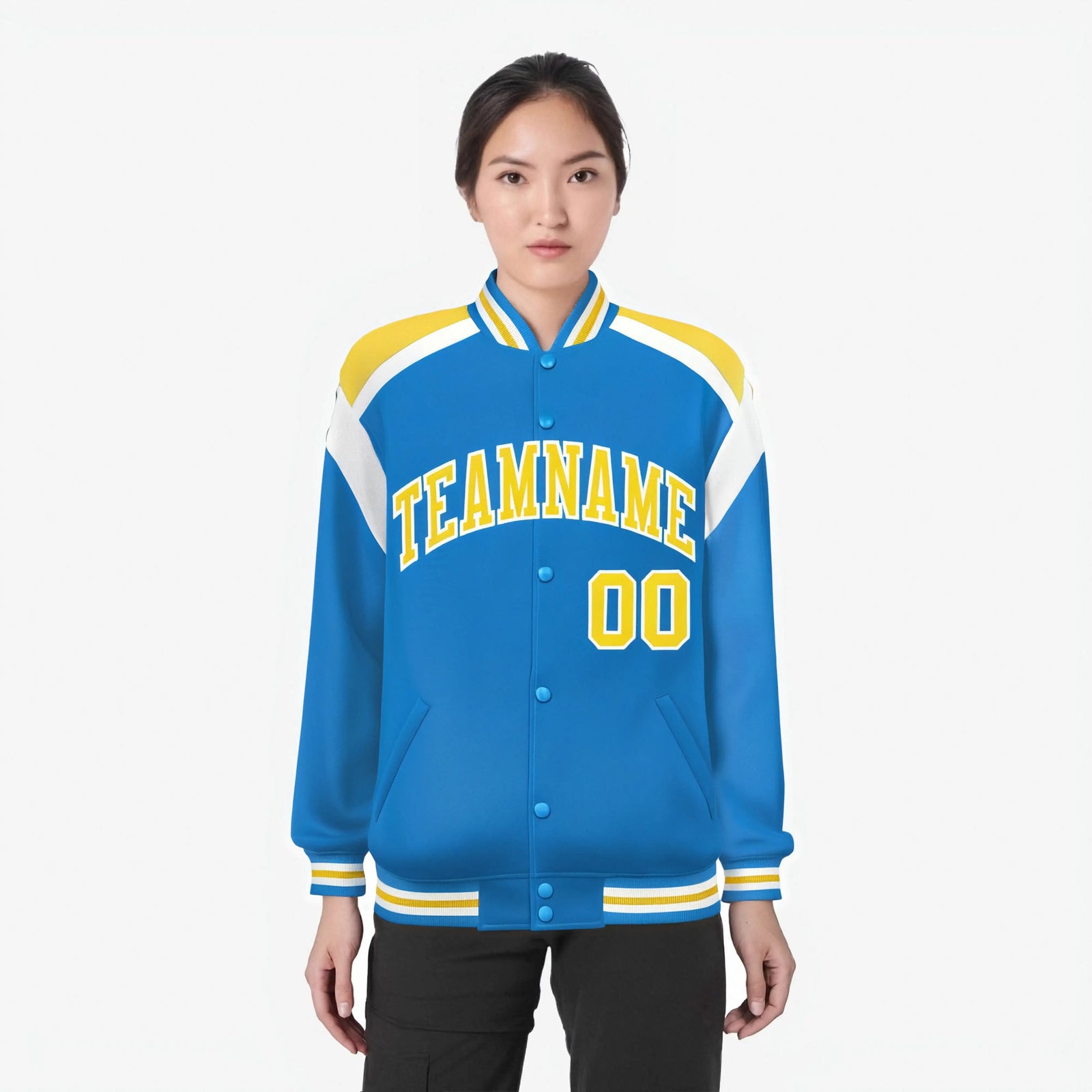 Custom Light Blue Yellow-White Bomber Full-Snap Varsity Letterman Shoulder Stripe Jacket