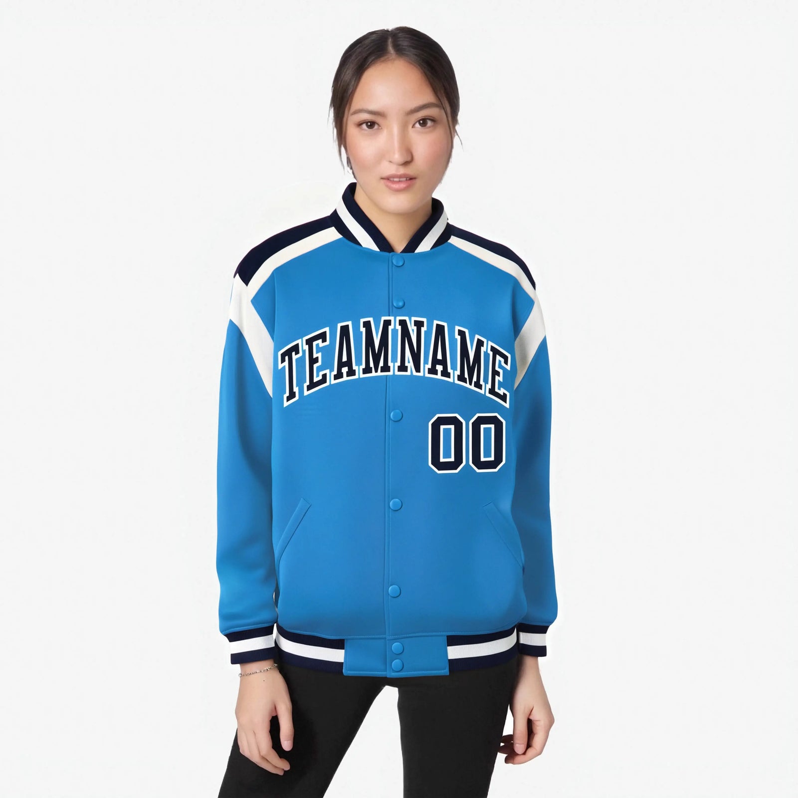 Custom Light Blue Navy-White Bomber Full-Snap Varsity Letterman Shoulder Stripe Jacket