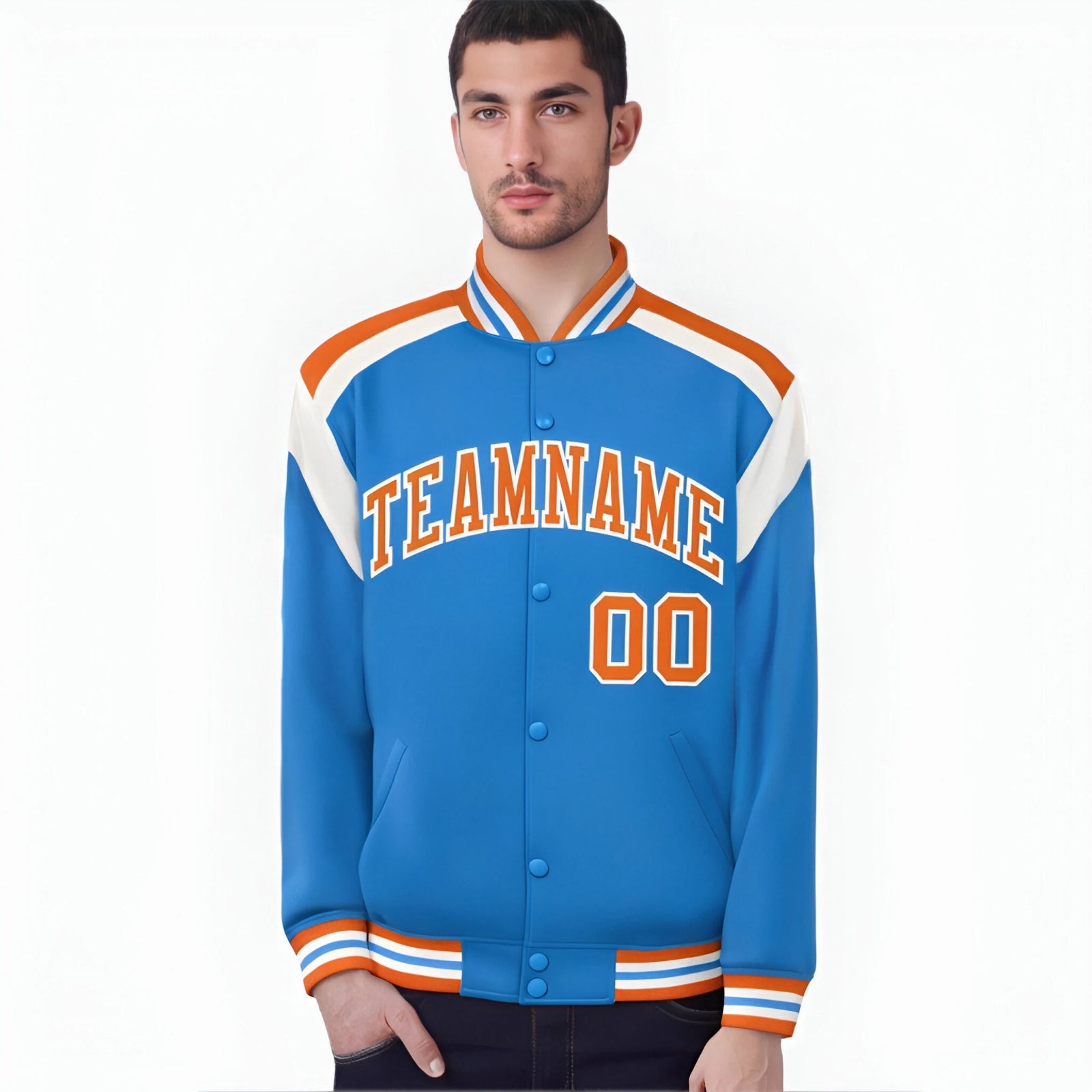 Custom Light Blue Orange-White Bomber Full-Snap Varsity Letterman Shoulder Stripe Jacket