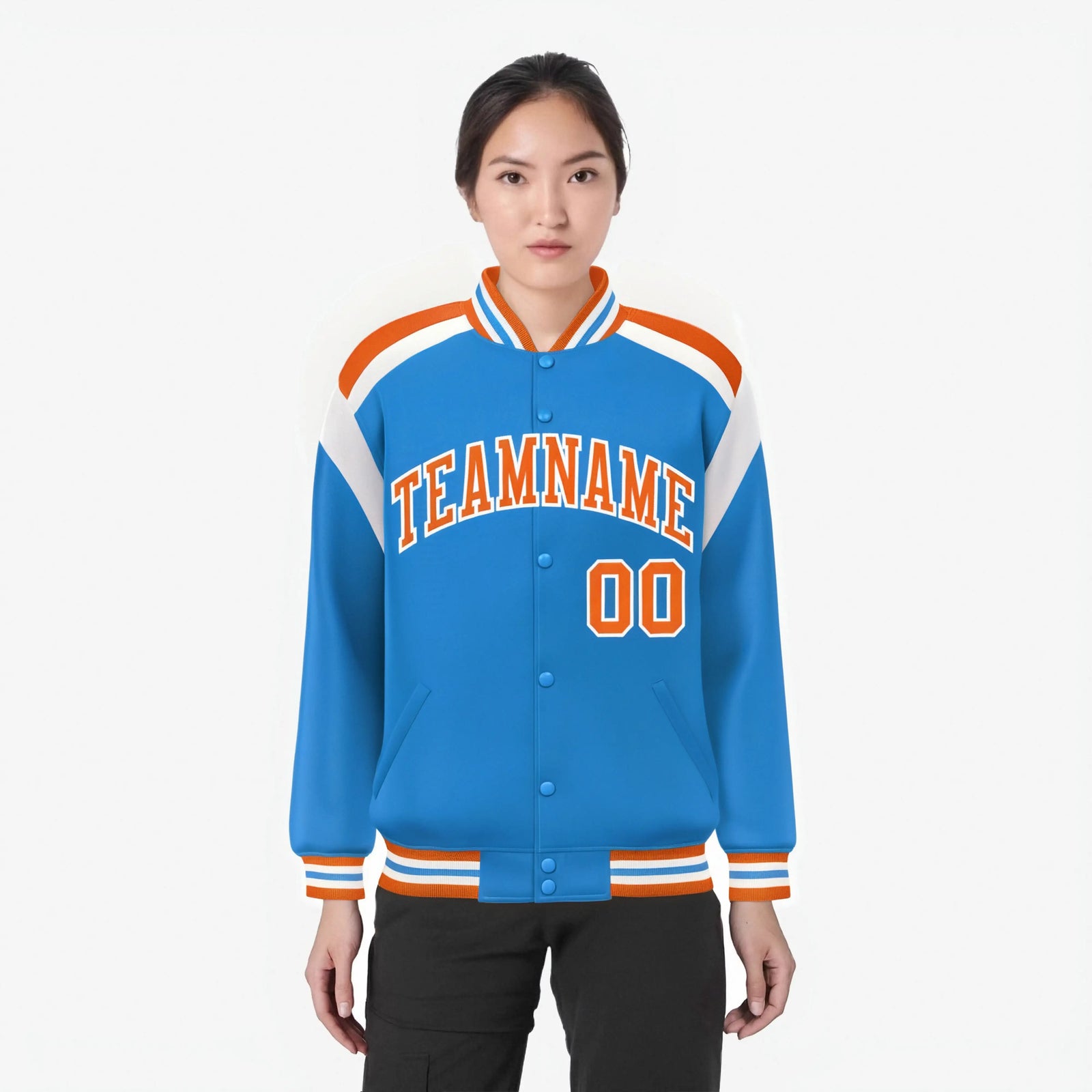 Custom Light Blue Orange-White Bomber Full-Snap Varsity Letterman Shoulder Stripe Jacket
