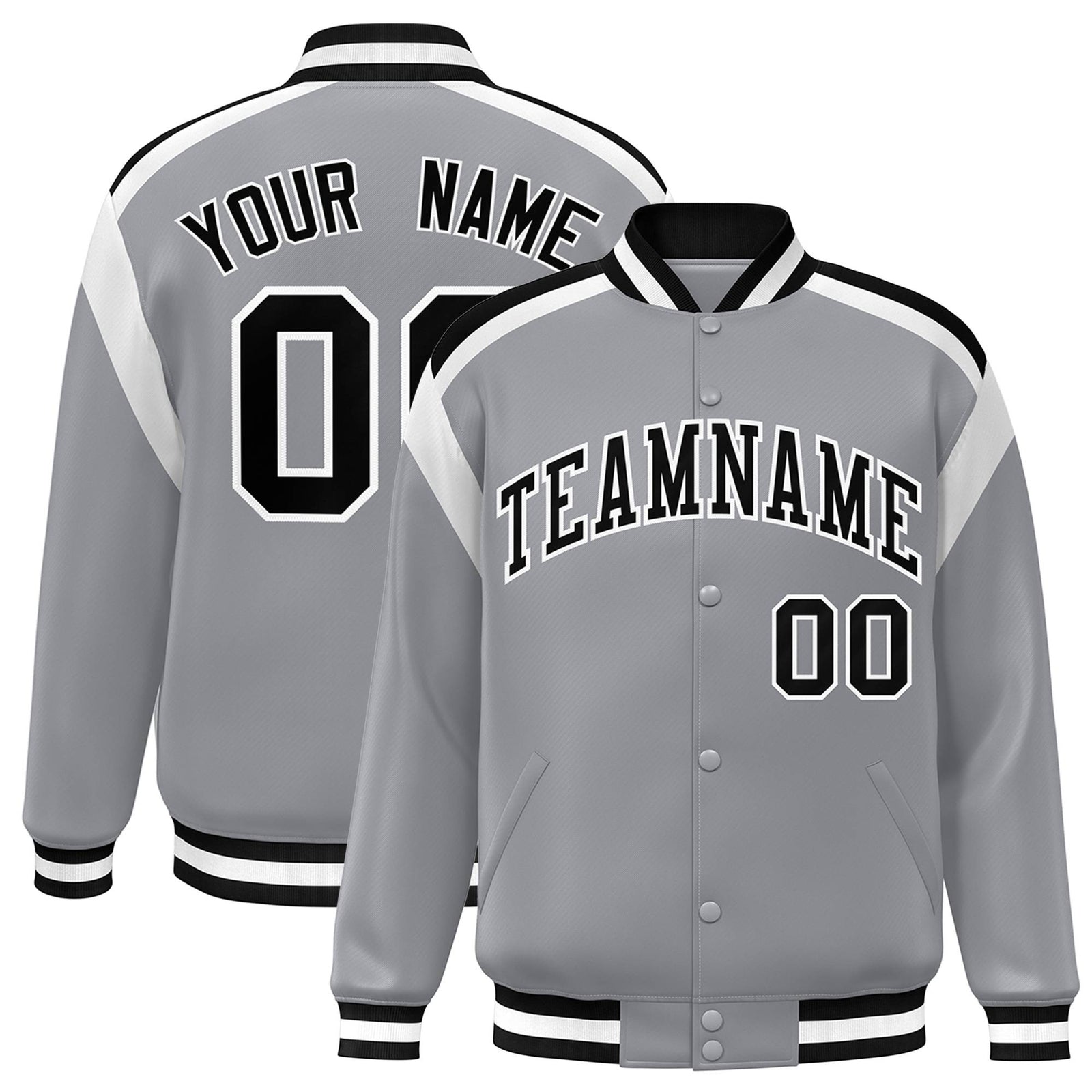 Custom Gray Black-White Bomber Full-Snap Varsity Letterman Shoulder Stripe Jacket