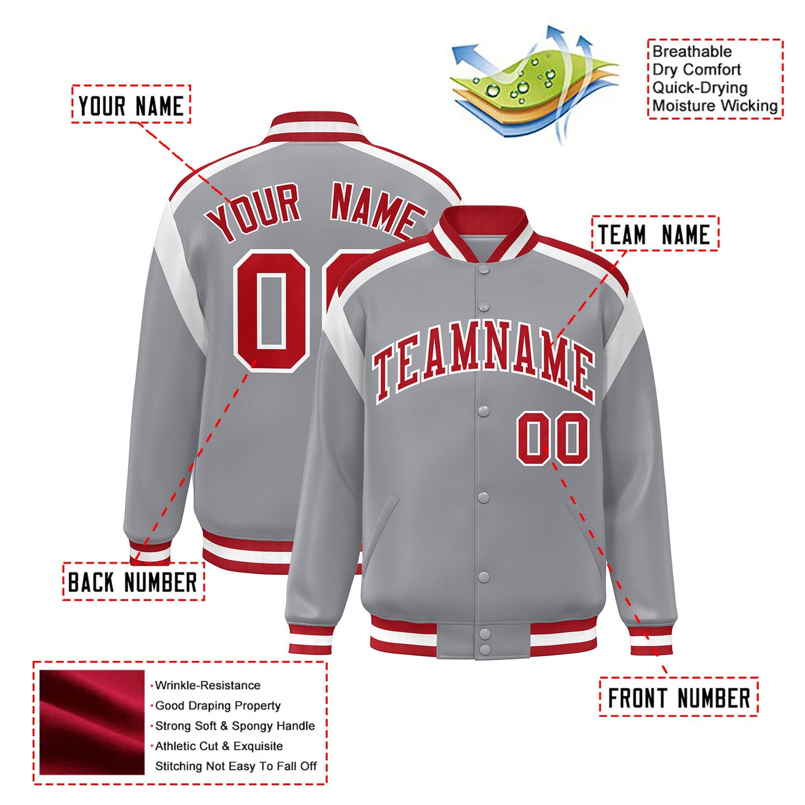 Custom Gray Red-White Bomber Full-Snap Varsity Letterman Shoulder Stripe Jacket