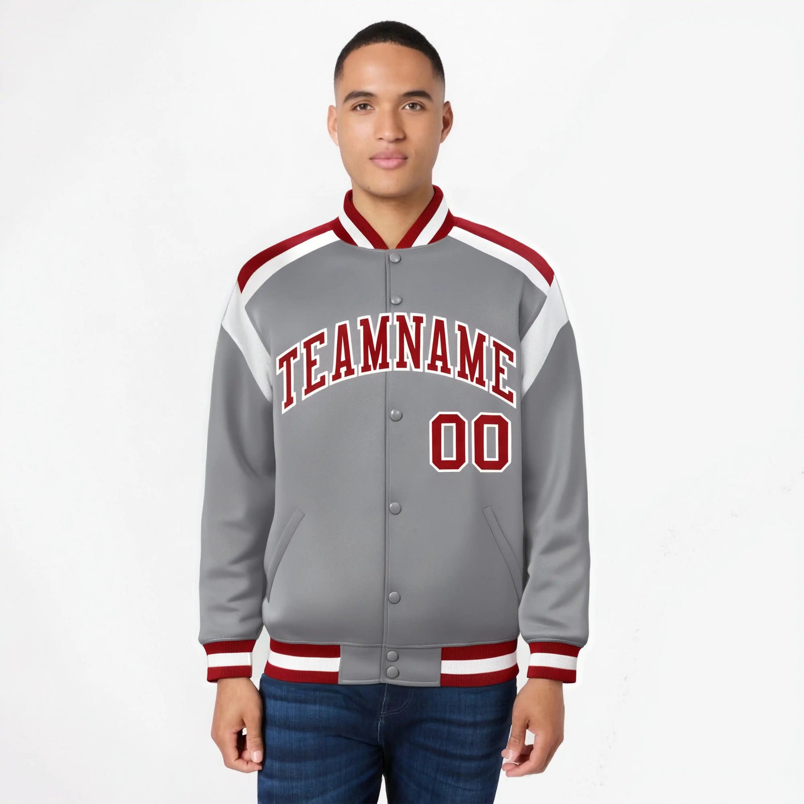 Custom Gray Red-White Bomber Full-Snap Varsity Letterman Shoulder Stripe Jacket