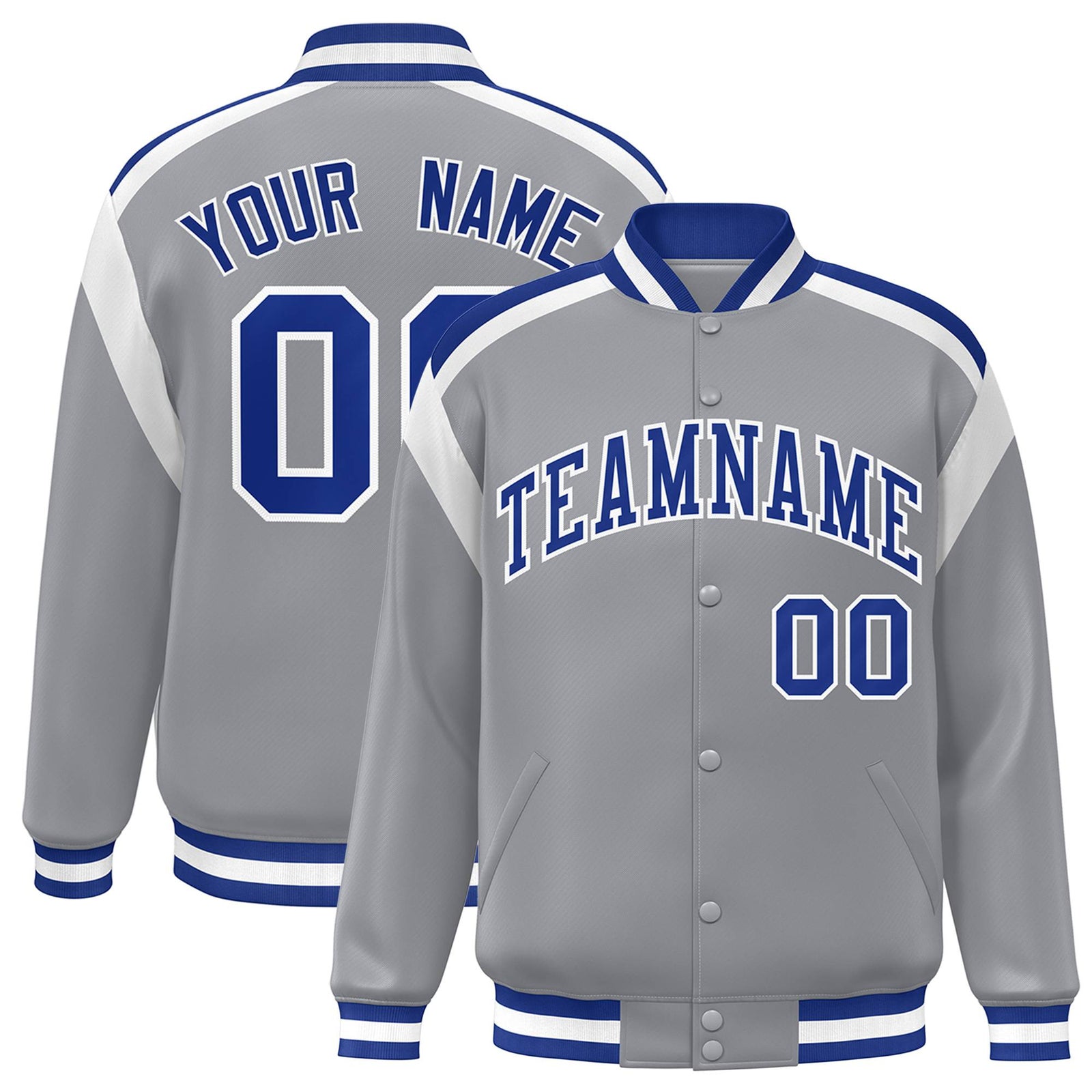 Custom Gray Blue-White Bomber Full-Snap Varsity Letterman Shoulder Stripe Jacket