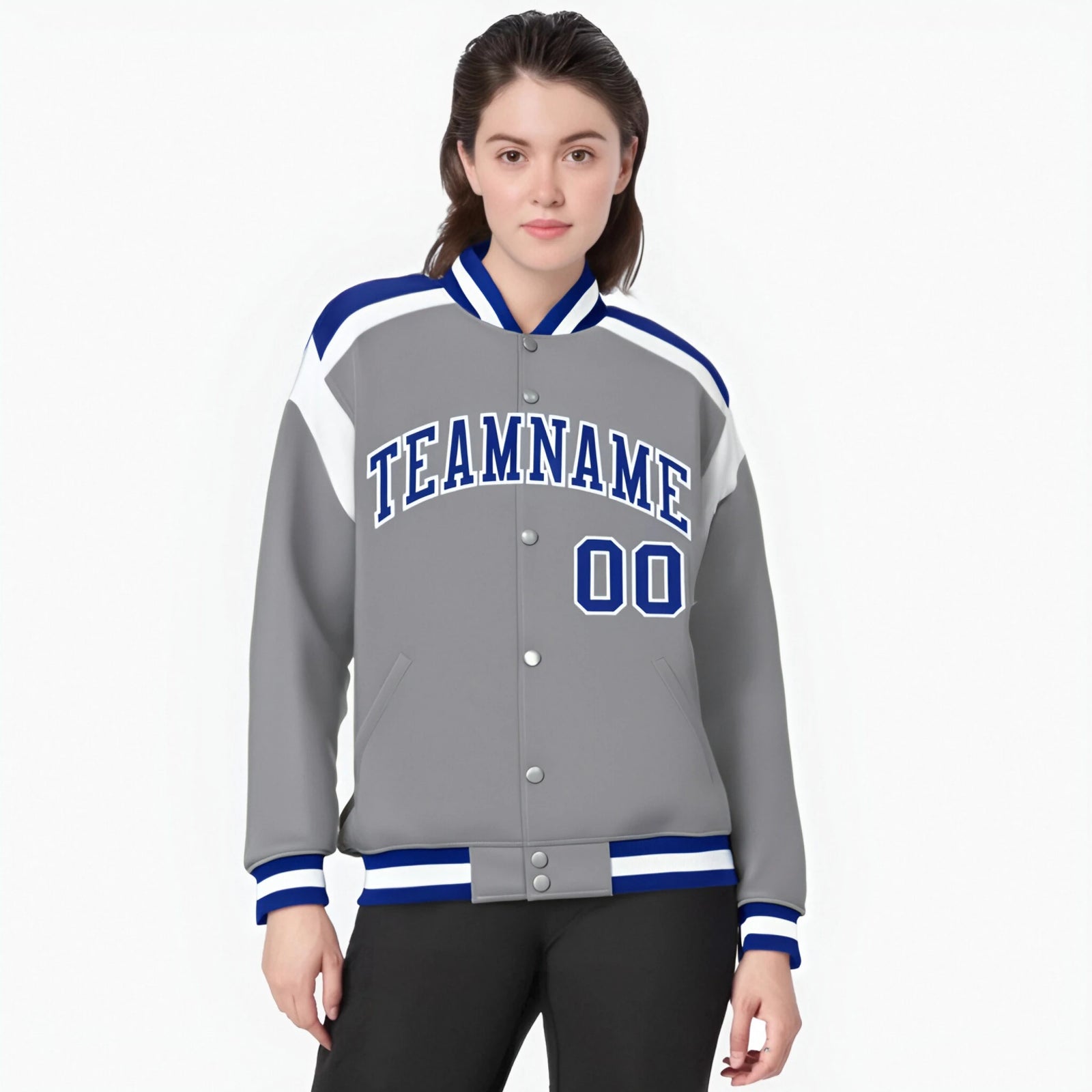 Custom Gray Blue-White Bomber Full-Snap Varsity Letterman Shoulder Stripe Jacket