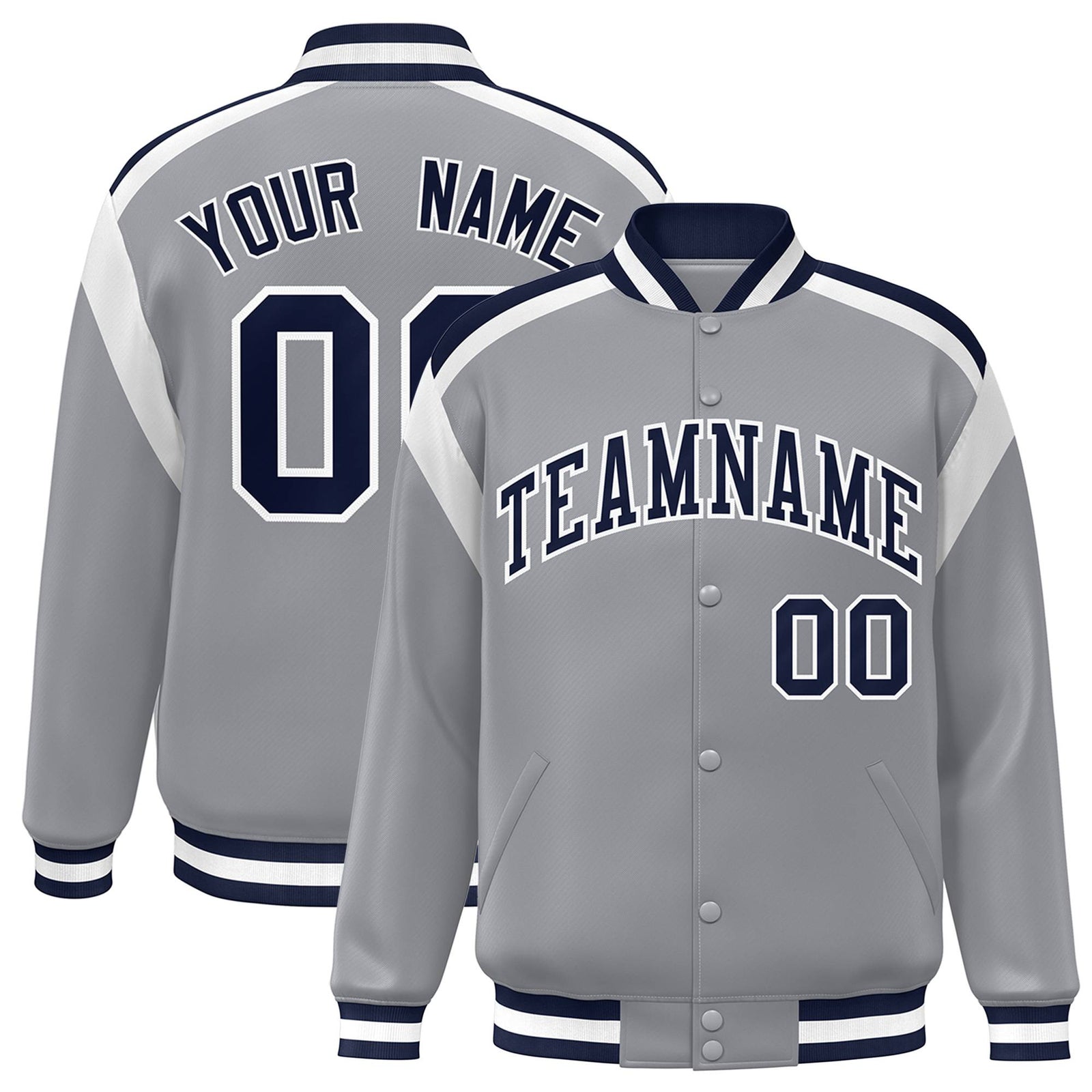 Custom Gray Navy-White Bomber Full-Snap Varsity Letterman Shoulder Stripe Jacket