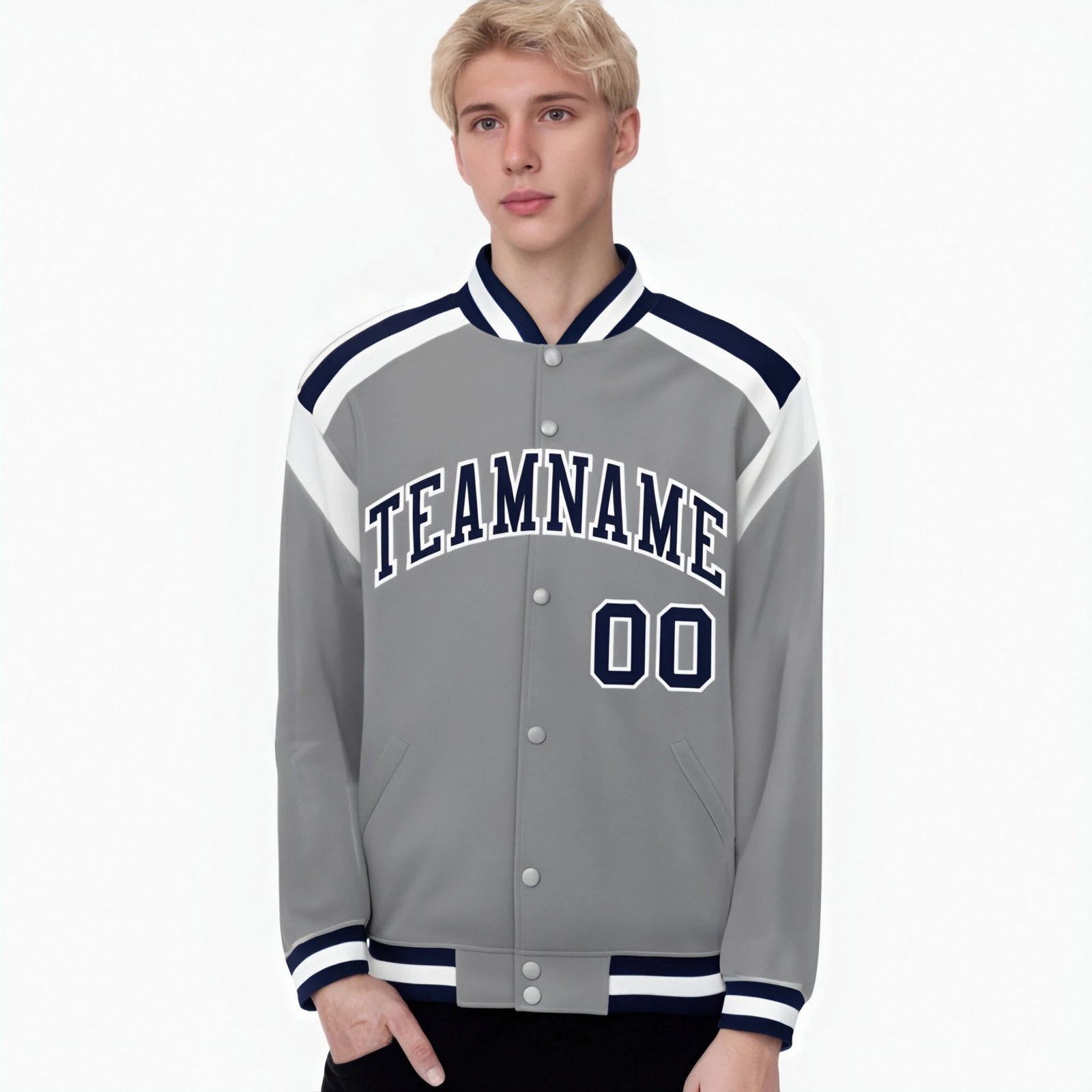 Custom Gray Navy-White Bomber Full-Snap Varsity Letterman Shoulder Stripe Jacket