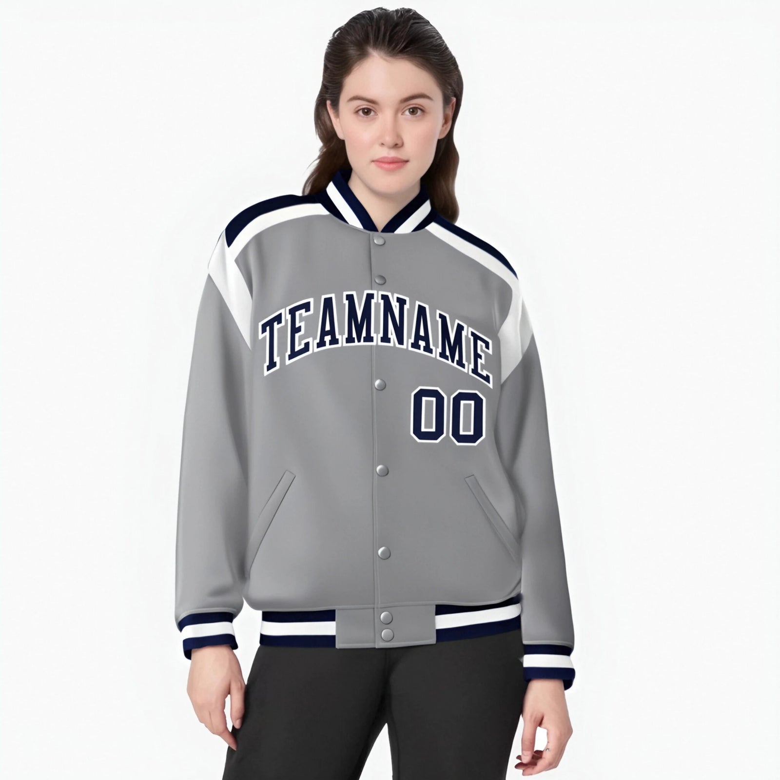 Custom Gray Navy-White Bomber Full-Snap Varsity Letterman Shoulder Stripe Jacket