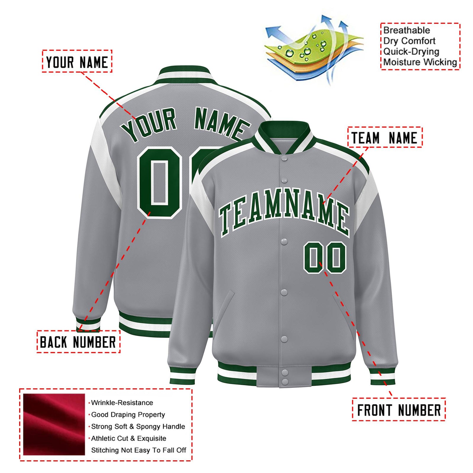 Custom Gray Green-White Bomber Full-Snap Varsity Letterman Shoulder Stripe Jacket
