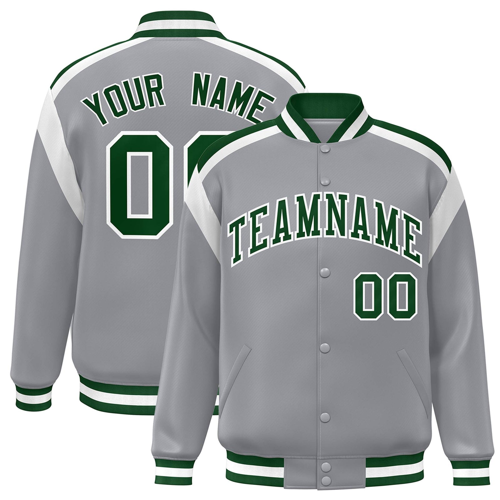 Custom Gray Green-White Bomber Full-Snap Varsity Letterman Shoulder Stripe Jacket