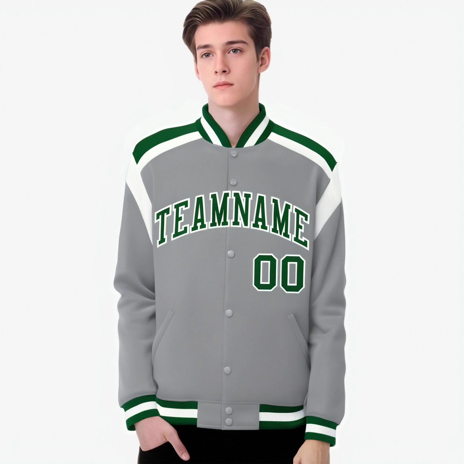 Custom Gray Green-White Bomber Full-Snap Varsity Letterman Shoulder Stripe Jacket