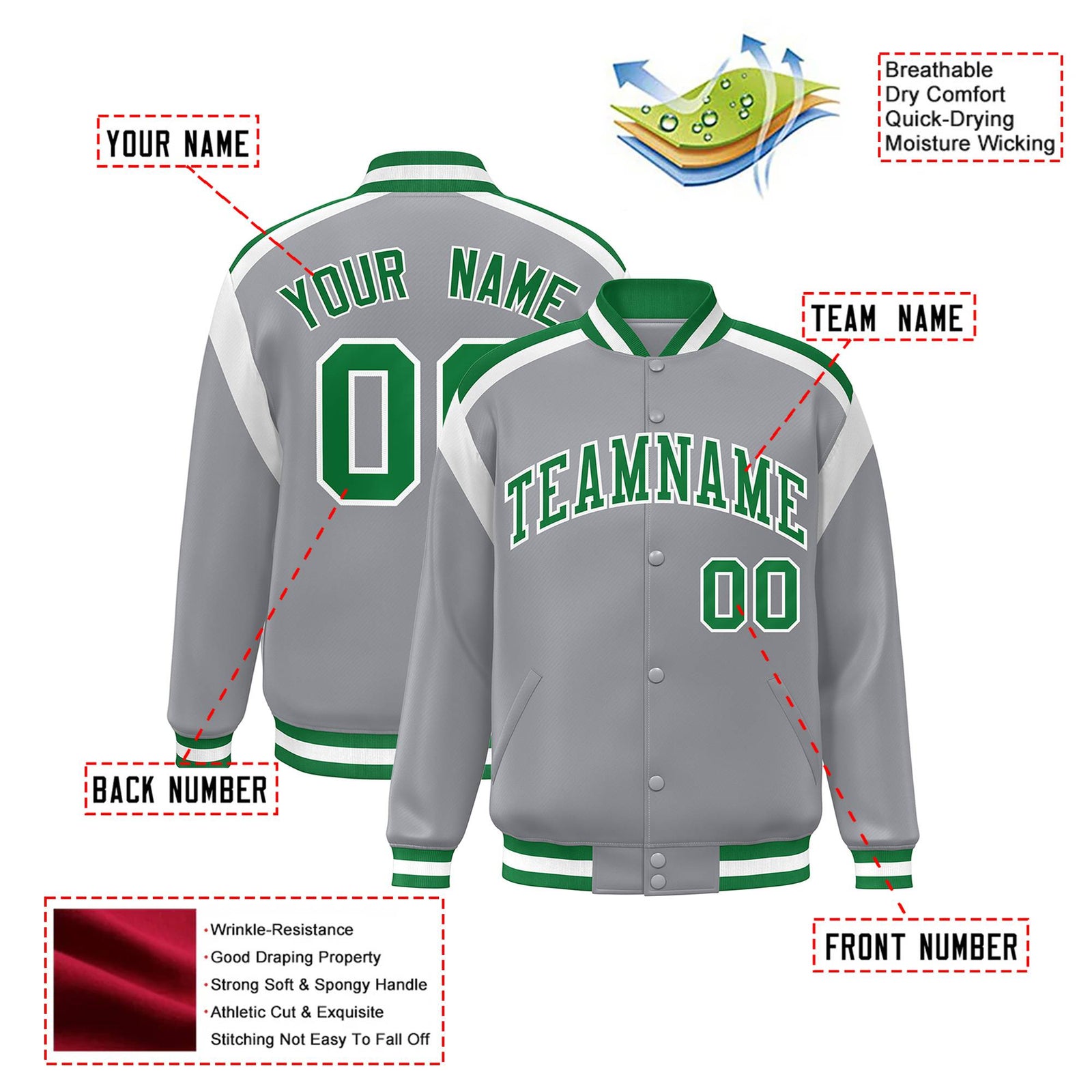Custom Gray Neon-Green White Bomber Full-Snap Varsity Letterman Shoulder Stripe Jacket