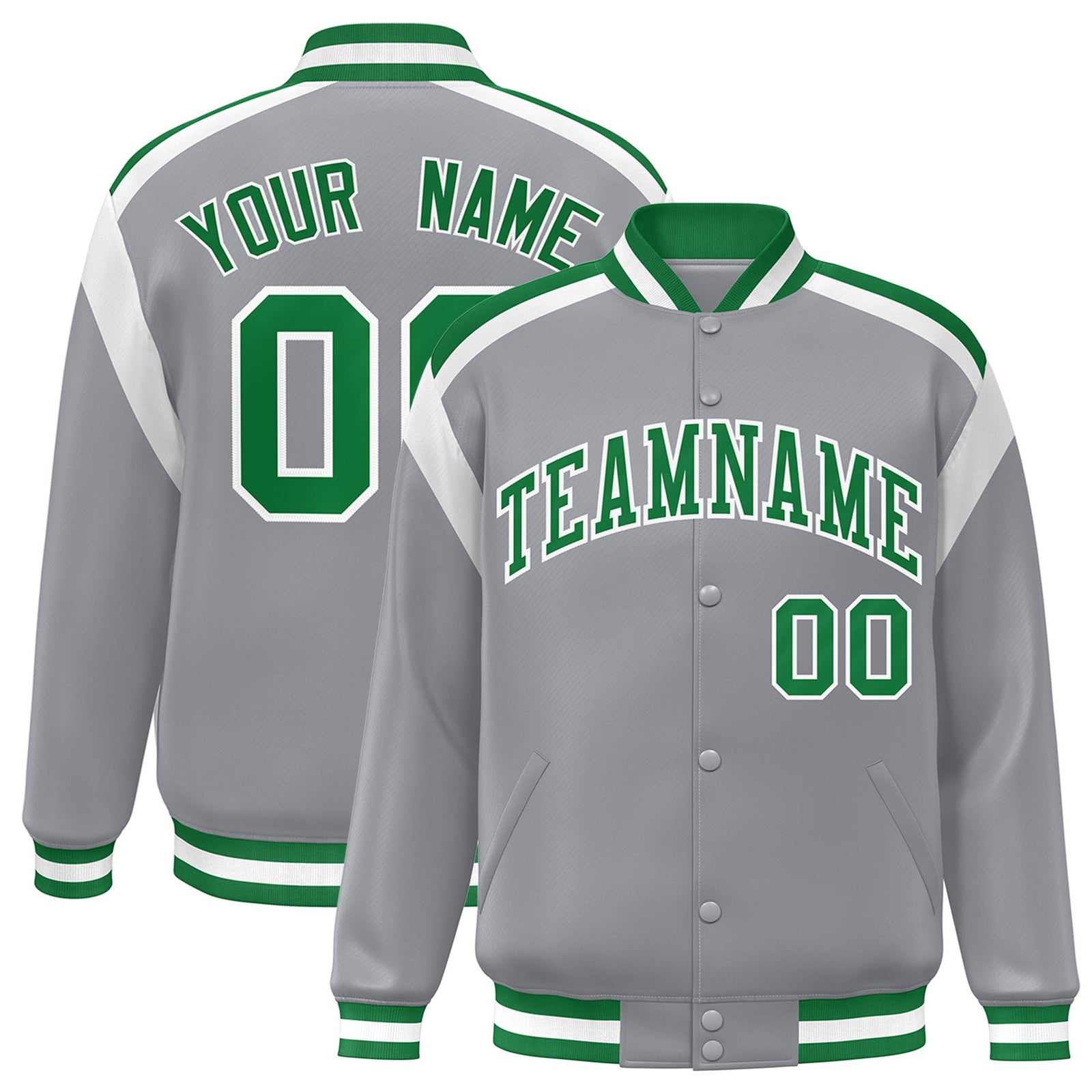 Custom Gray Neon-Green White Bomber Full-Snap Varsity Letterman Shoulder Stripe Jacket