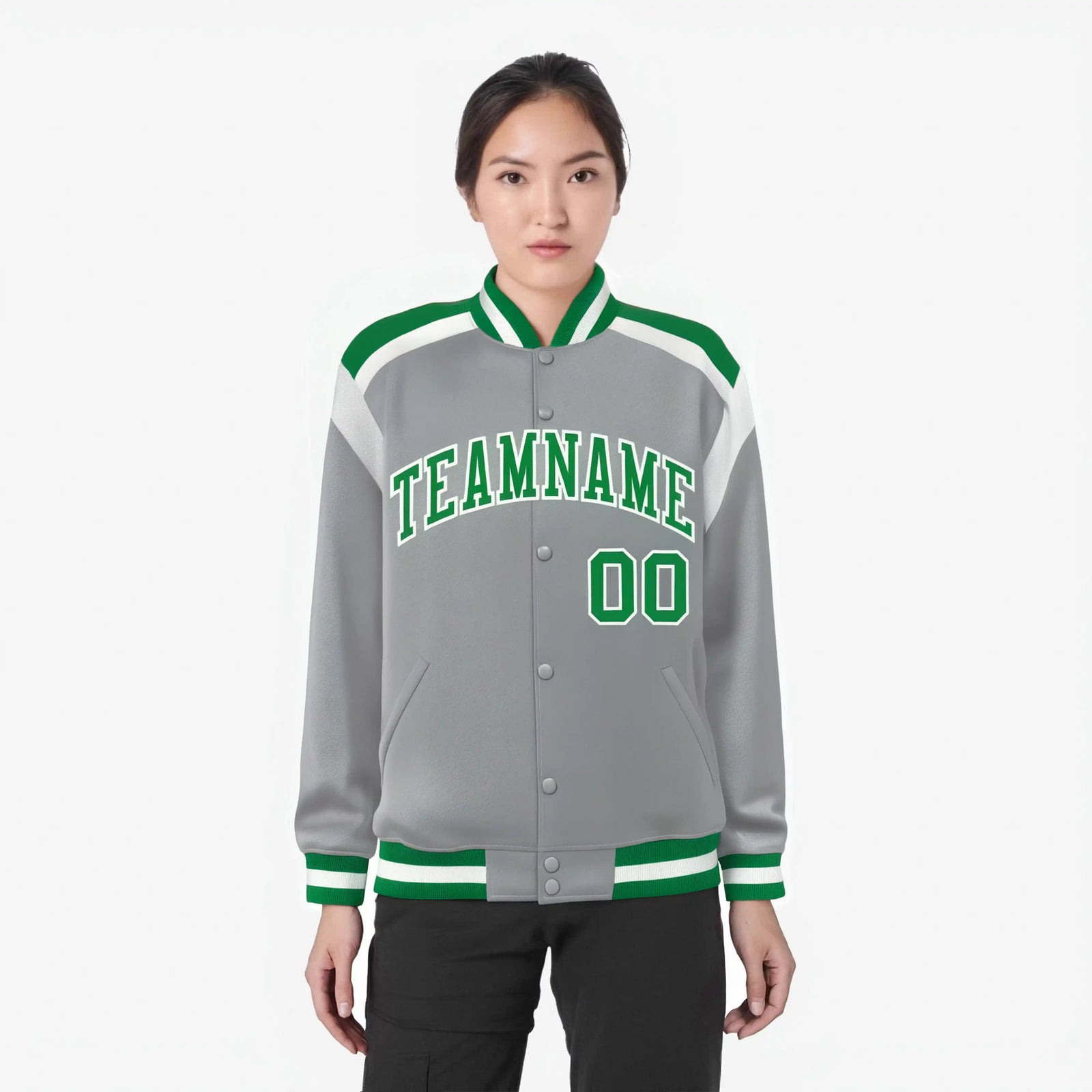 Custom Gray Neon-Green White Bomber Full-Snap Varsity Letterman Shoulder Stripe Jacket