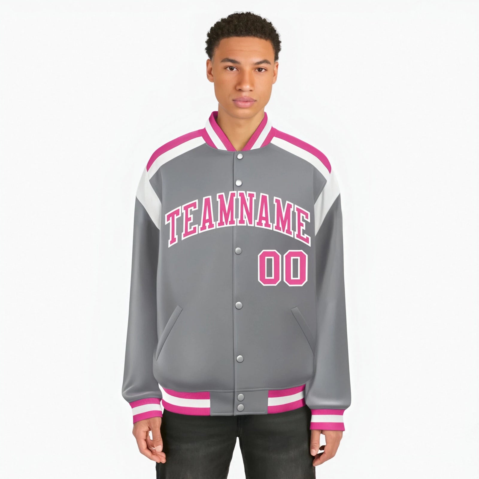 Custom Gray Pink-White Bomber Full-Snap Varsity Letterman Shoulder Stripe Jacket