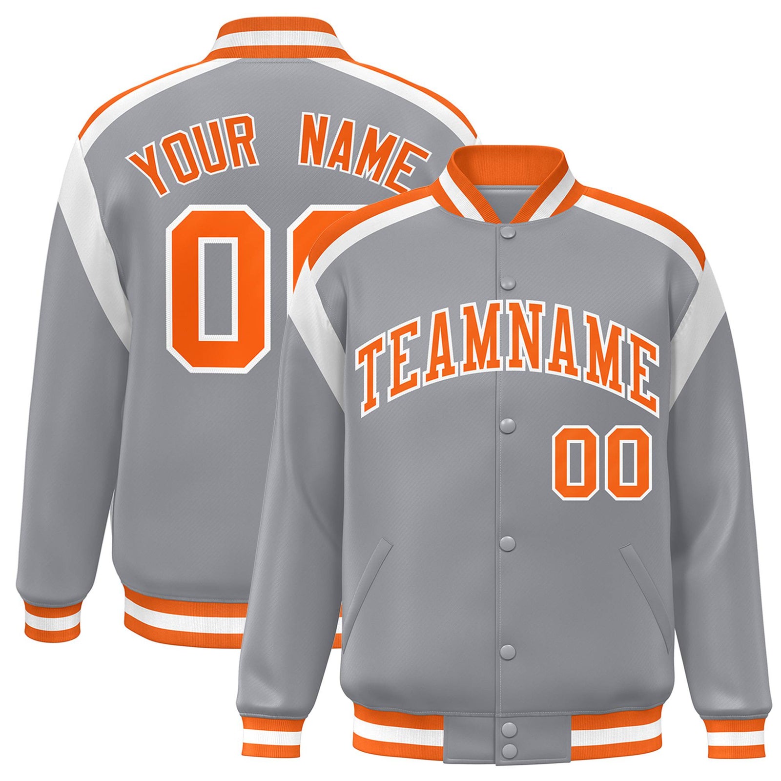 Custom Gray Orange-White Bomber Full-Snap Varsity Letterman Shoulder Stripe Jacket