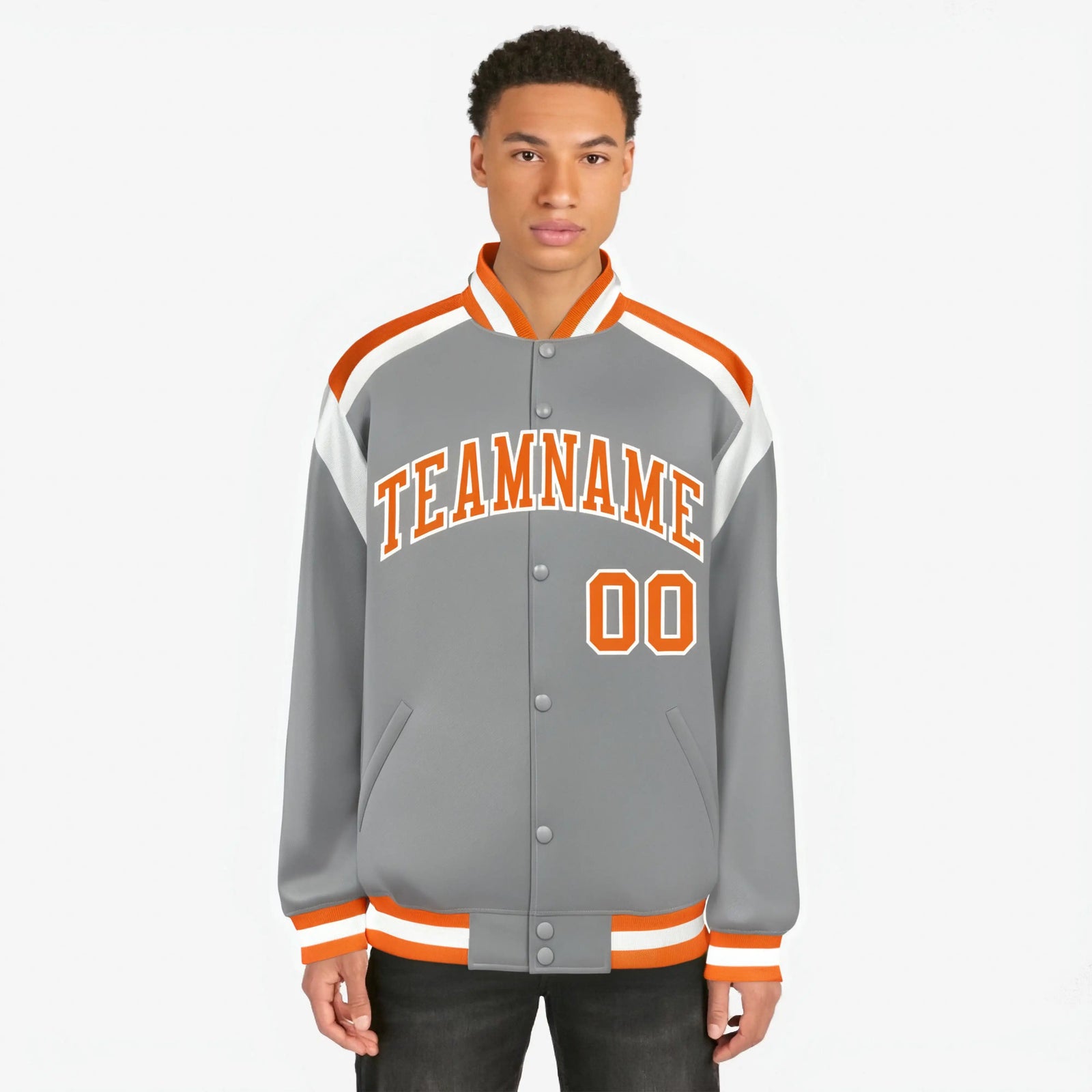Custom Gray Orange-White Bomber Full-Snap Varsity Letterman Shoulder Stripe Jacket