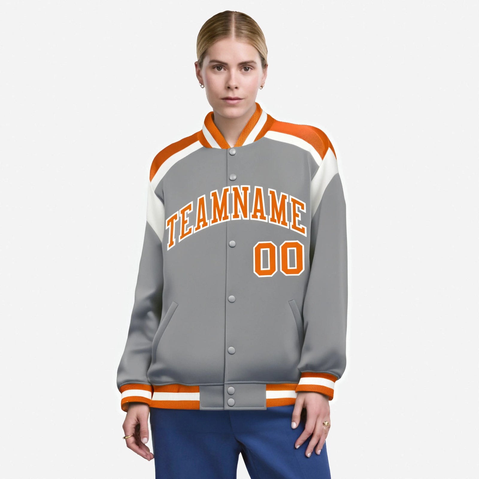 Custom Gray Orange-White Bomber Full-Snap Varsity Letterman Shoulder Stripe Jacket