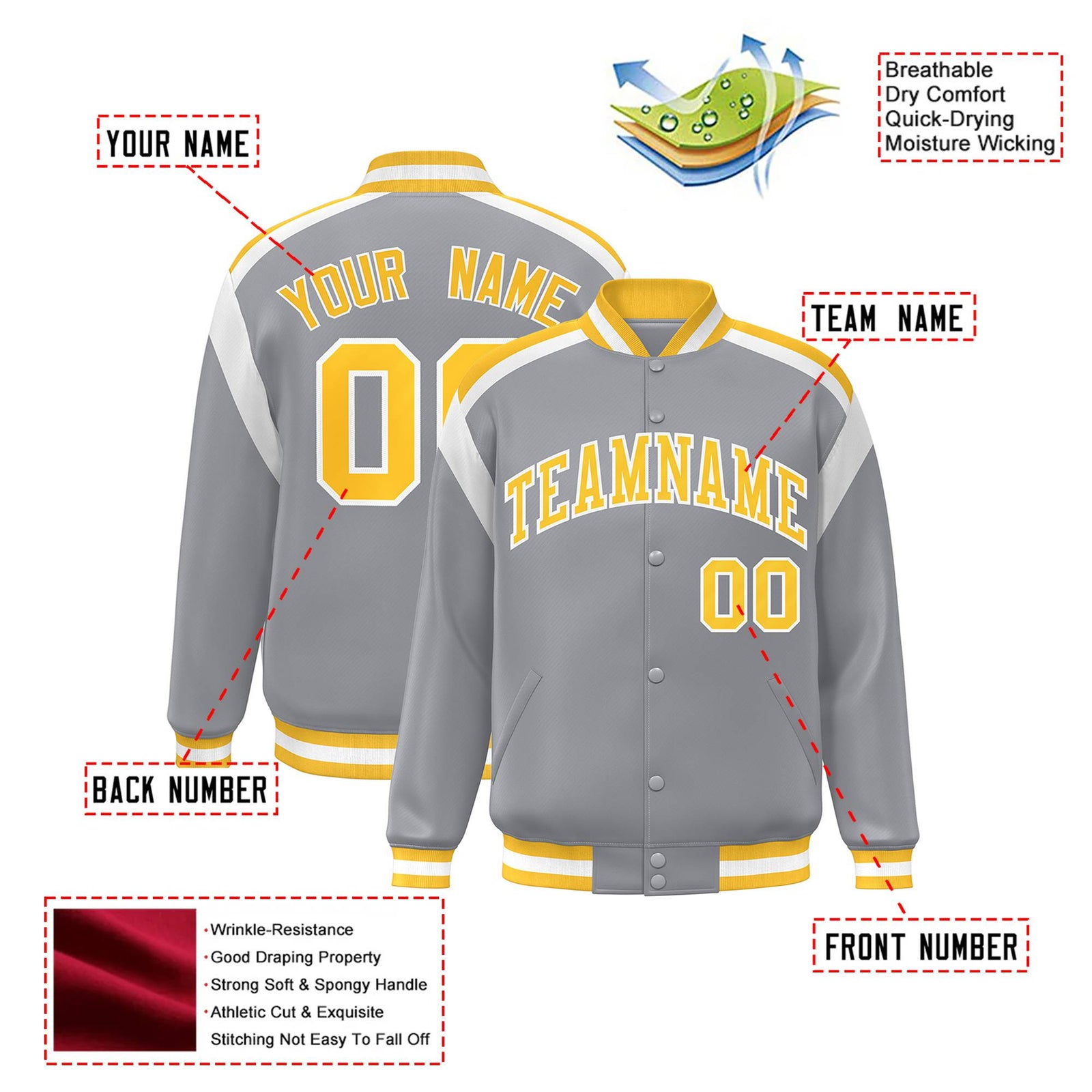 Custom Gray Yellow-White Bomber Full-Snap Varsity Letterman Shoulder Stripe Jacket