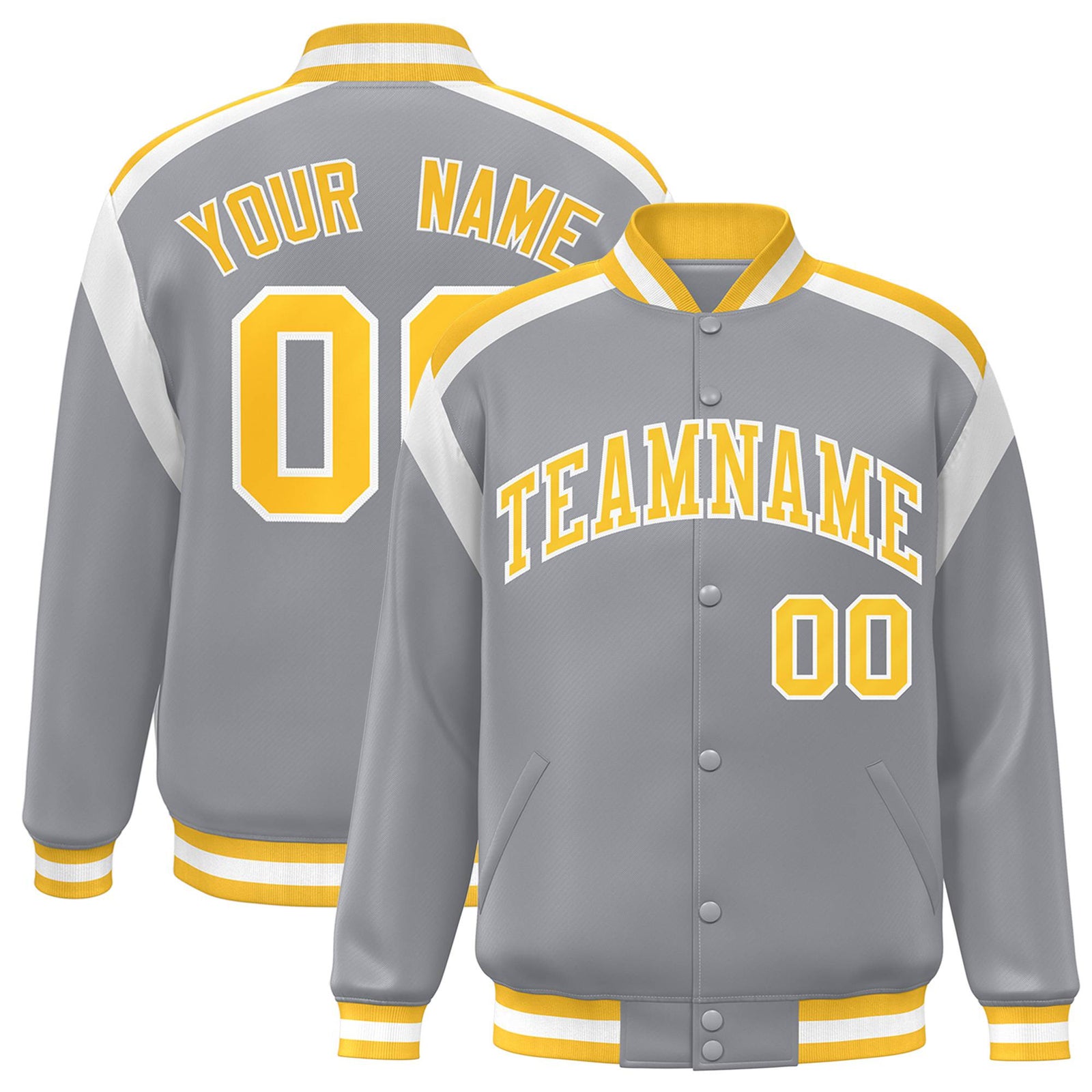Custom Gray Yellow-White Bomber Full-Snap Varsity Letterman Shoulder Stripe Jacket