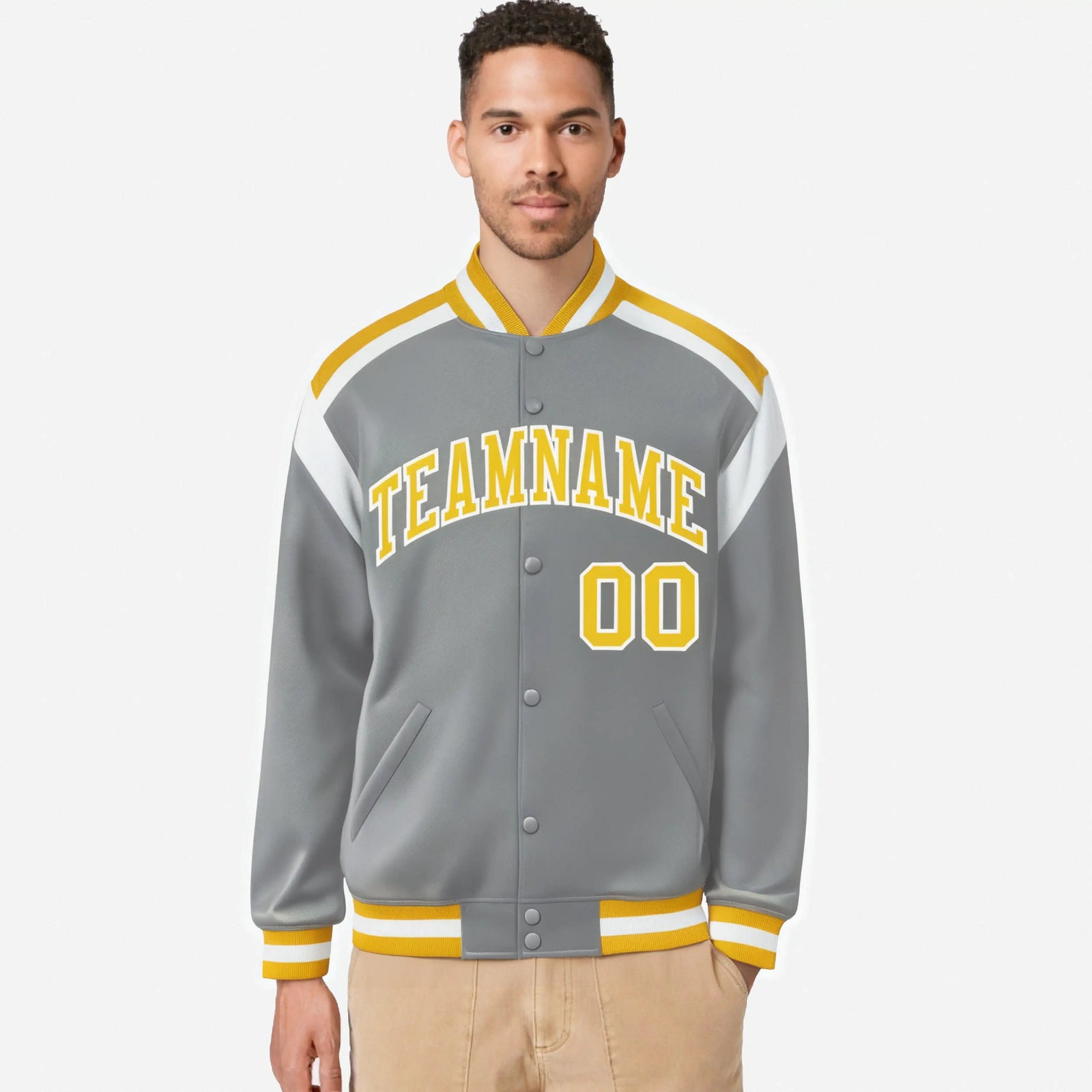 Custom Gray Yellow-White Bomber Full-Snap Varsity Letterman Shoulder Stripe Jacket