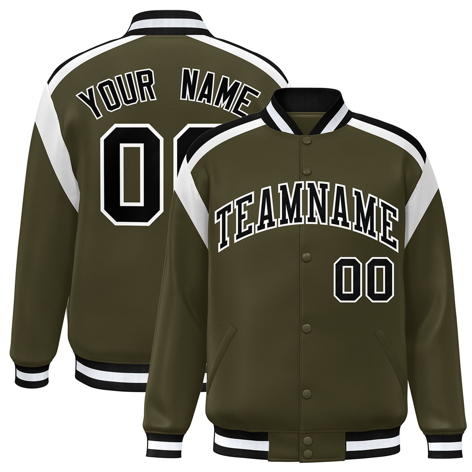 Custom Olive Black-White Bomber Full-Snap Varsity Letterman Shoulder Stripe Jacket
