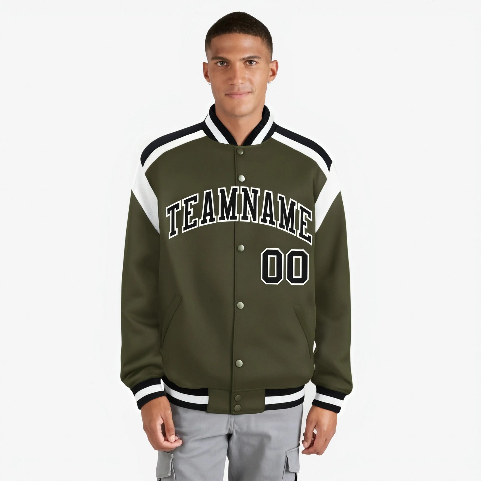 Custom Olive Black-White Bomber Full-Snap Varsity Letterman Shoulder Stripe Jacket