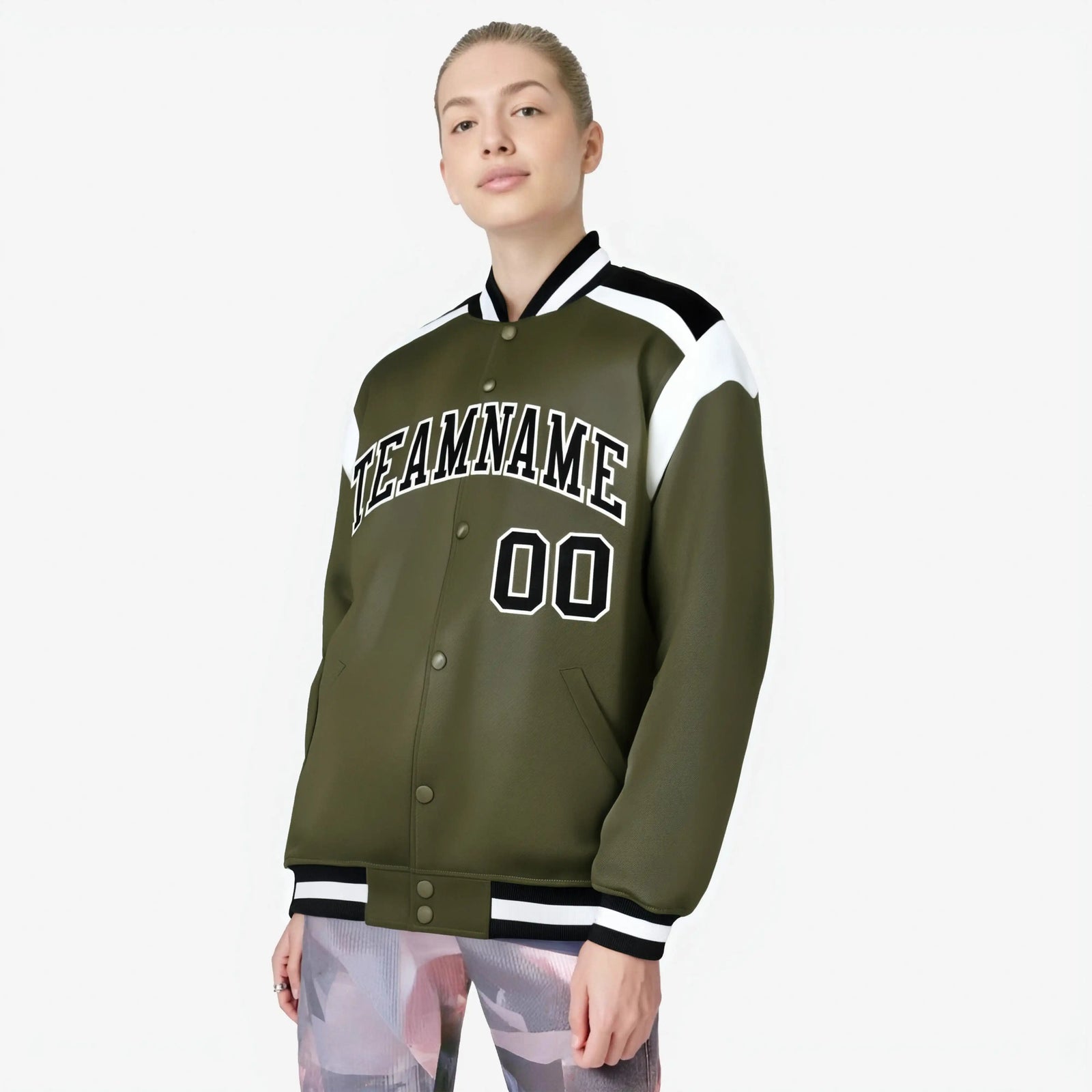 Custom Olive Black-White Bomber Full-Snap Varsity Letterman Shoulder Stripe Jacket