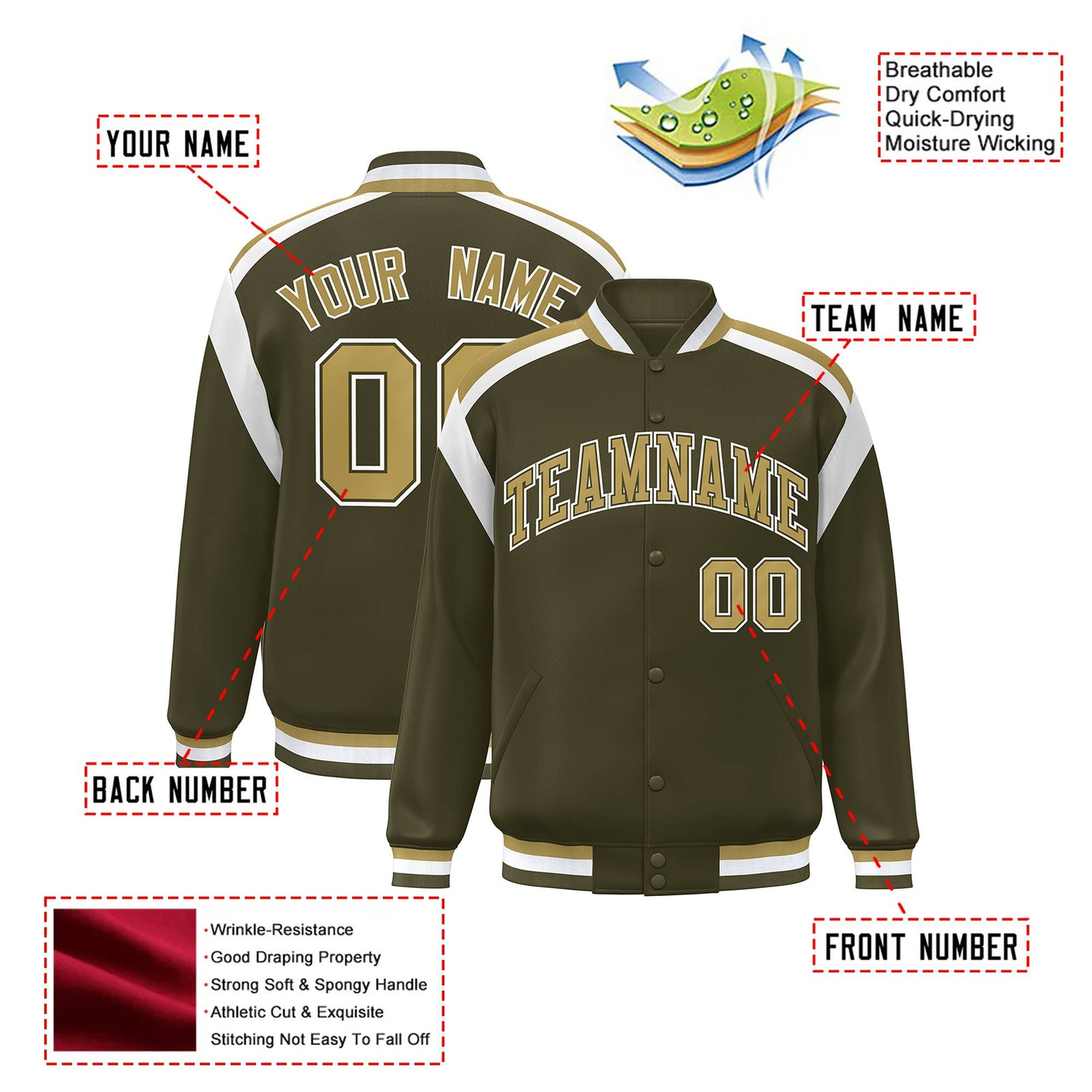 Custom Olive Old-Gold White Bomber Full-Snap Varsity Letterman Shoulder Stripe Jacket