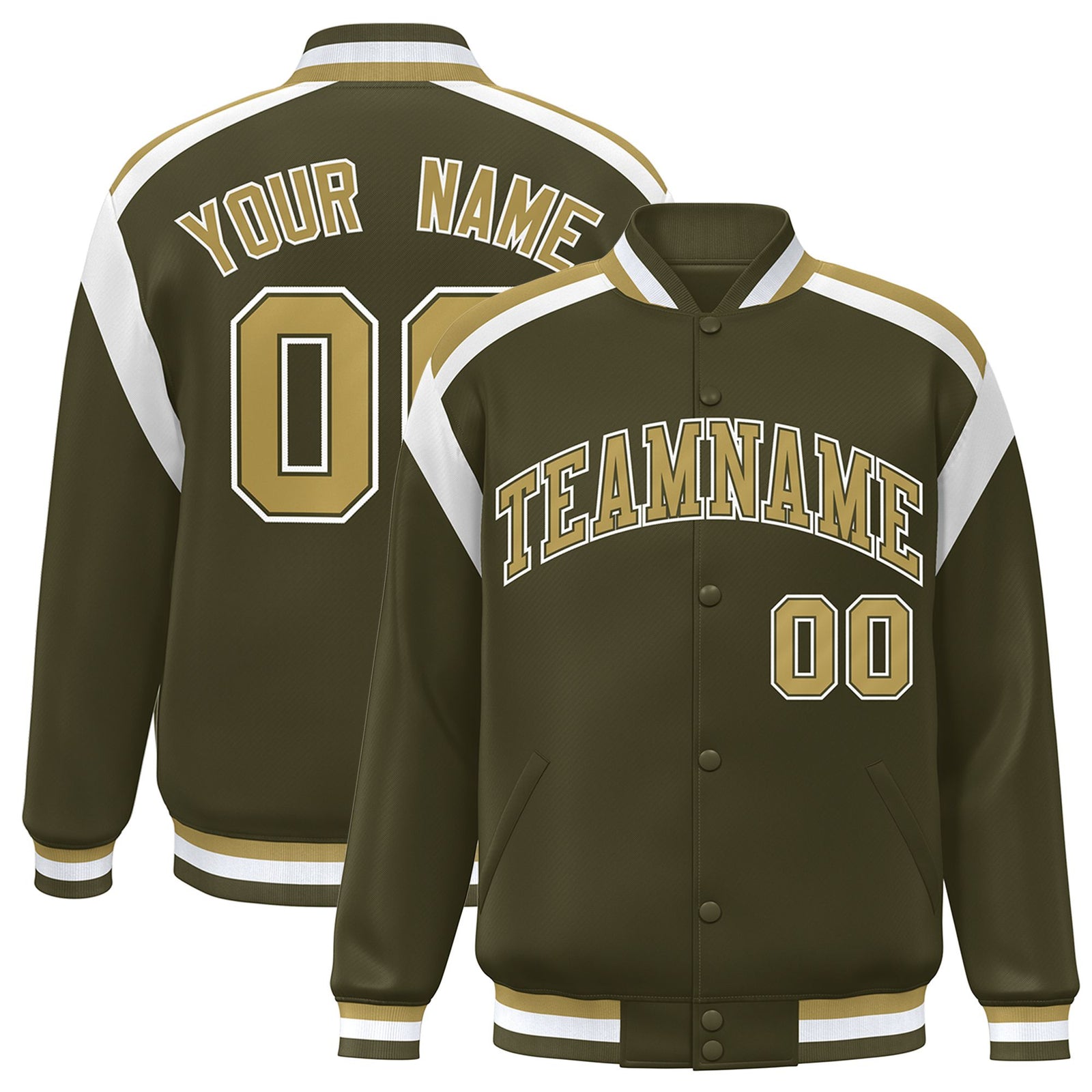 Custom Olive Old-Gold White Bomber Full-Snap Varsity Letterman Shoulder Stripe Jacket