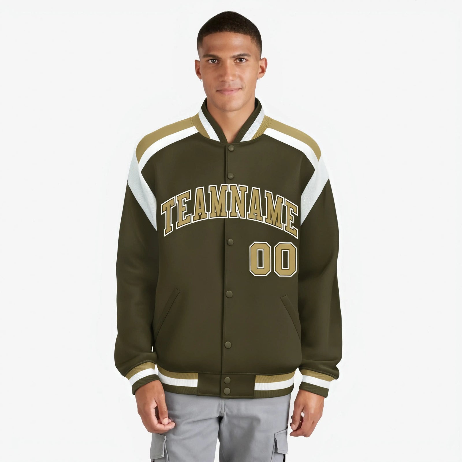 Custom Olive Old-Gold White Bomber Full-Snap Varsity Letterman Shoulder Stripe Jacket