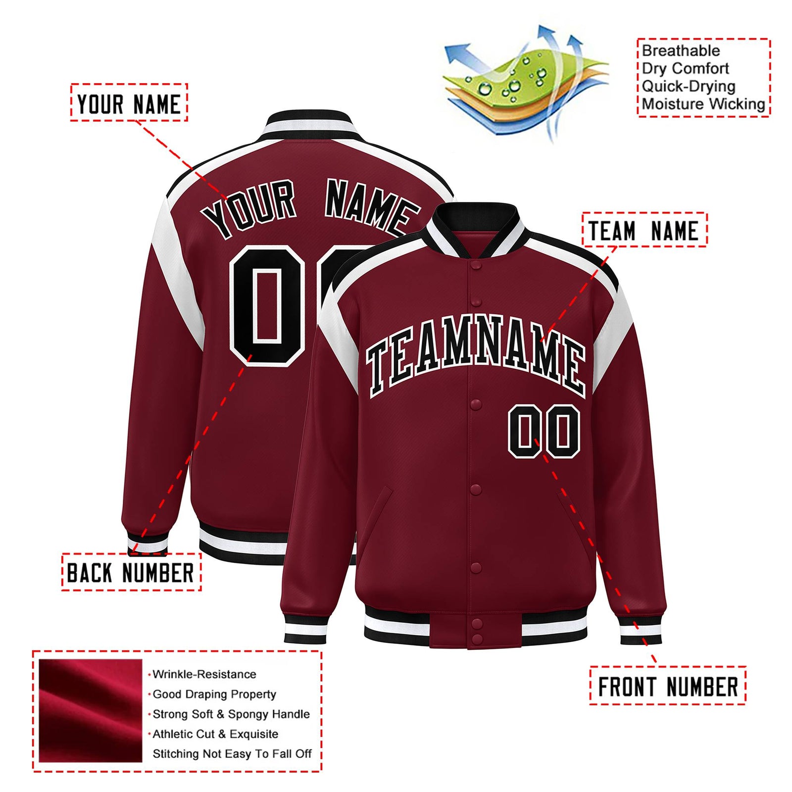 Custom Crimson Black-White Bomber Full-Snap Varsity Letterman Shoulder Stripe Jacket