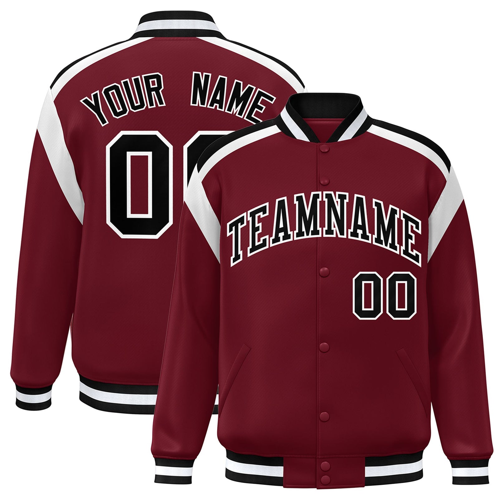 Custom Crimson Black-White Bomber Full-Snap Varsity Letterman Shoulder Stripe Jacket