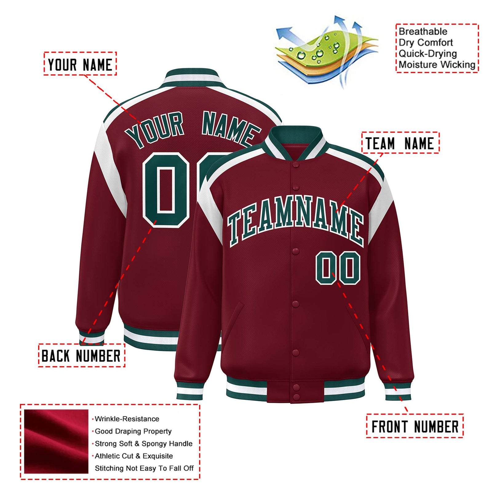 Custom Crimson Midnight-Green White Bomber Full-Snap Varsity Letterman Shoulder Stripe Jacket