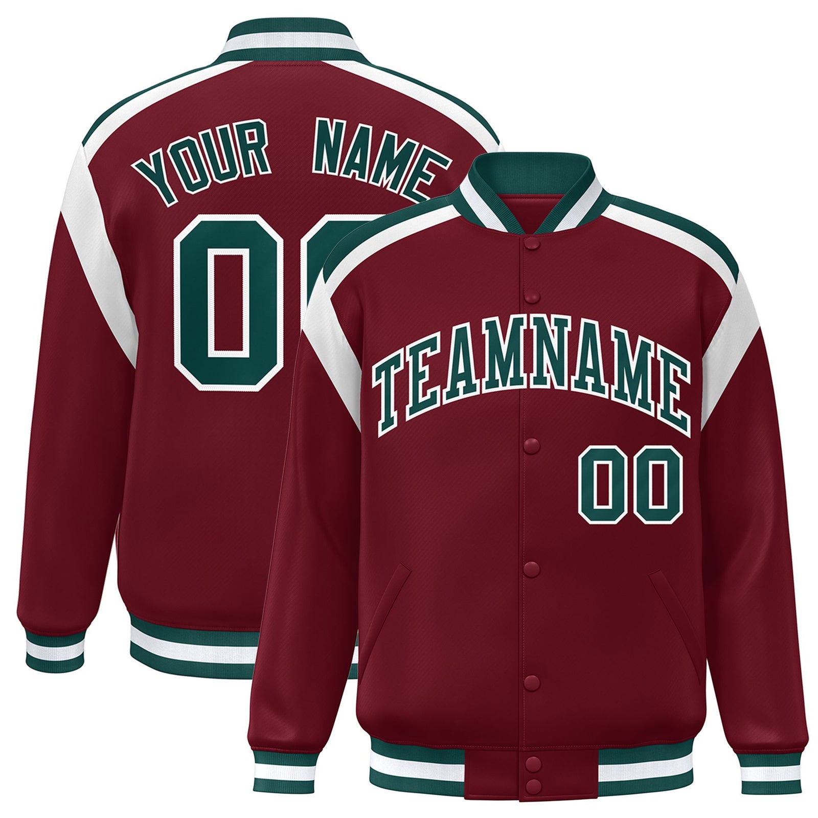 Custom Crimson Midnight-Green White Bomber Full-Snap Varsity Letterman Shoulder Stripe Jacket