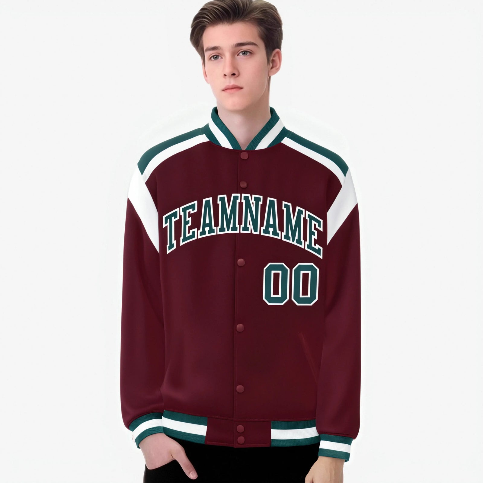 Custom Crimson Midnight-Green White Bomber Full-Snap Varsity Letterman Shoulder Stripe Jacket